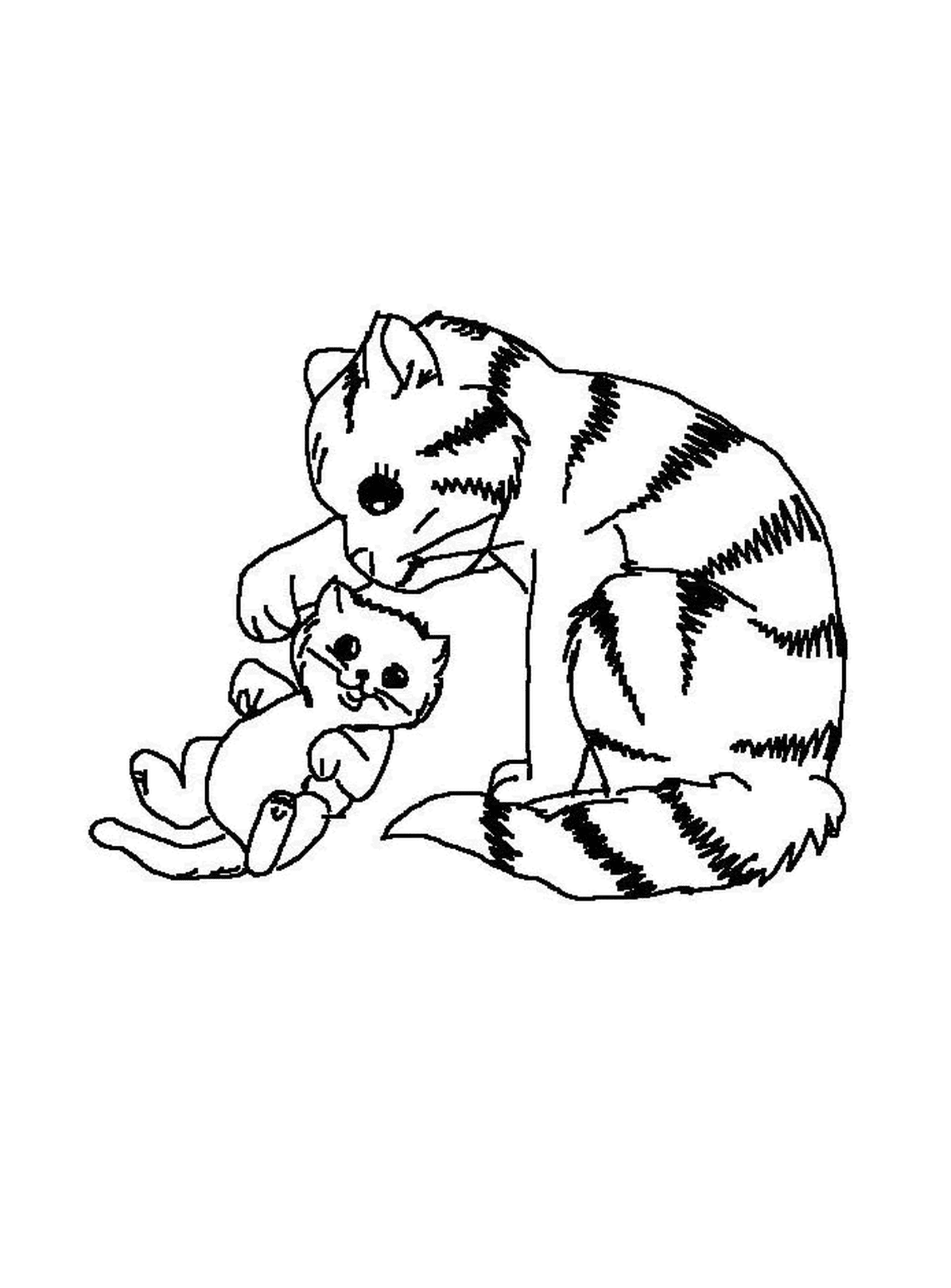  Кошка играет с котенком 