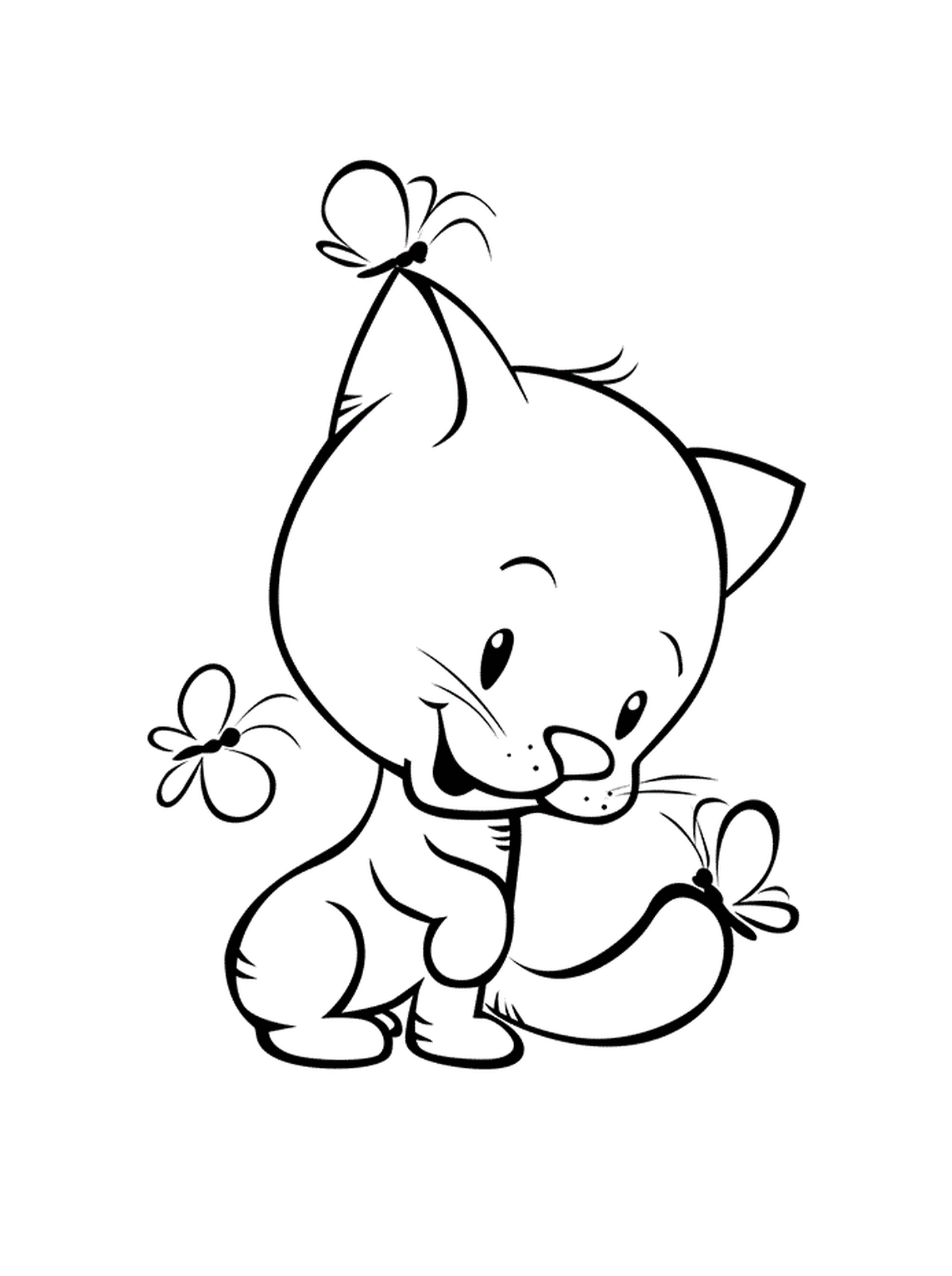  Ein kleines Kätzchen mit Schmetterlingen und einer Blume 