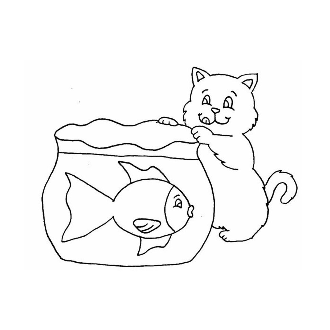  A cat watching a fish in a jar 
