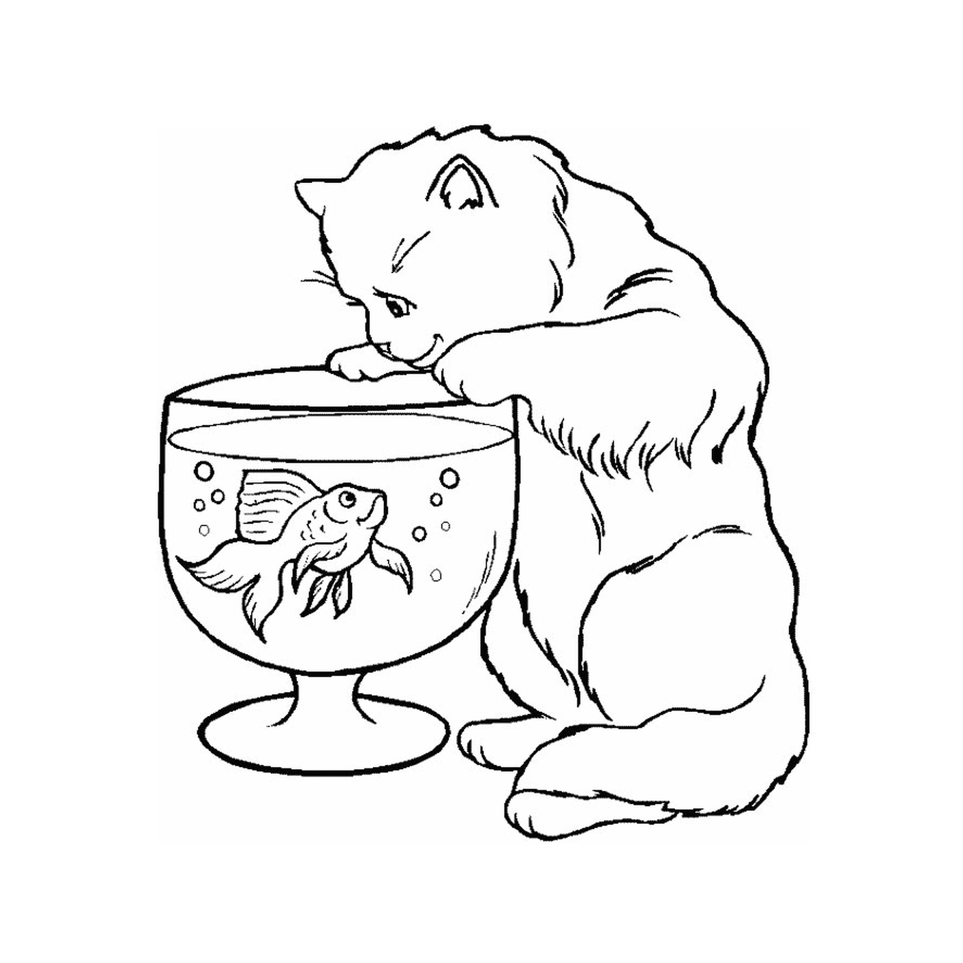  A cat watching a fish in a jar 