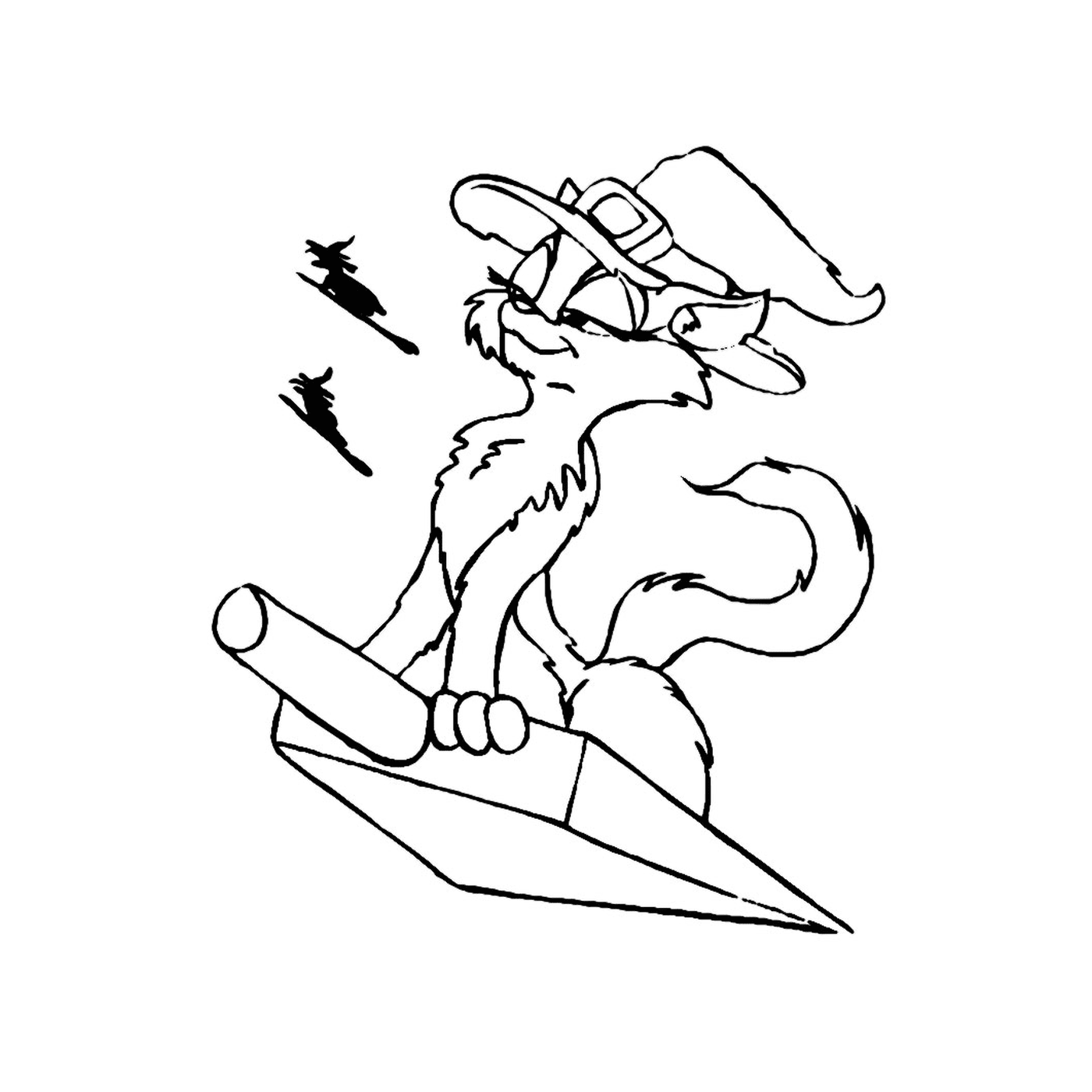  A cat flying on a shovel, disguised as a witch 
