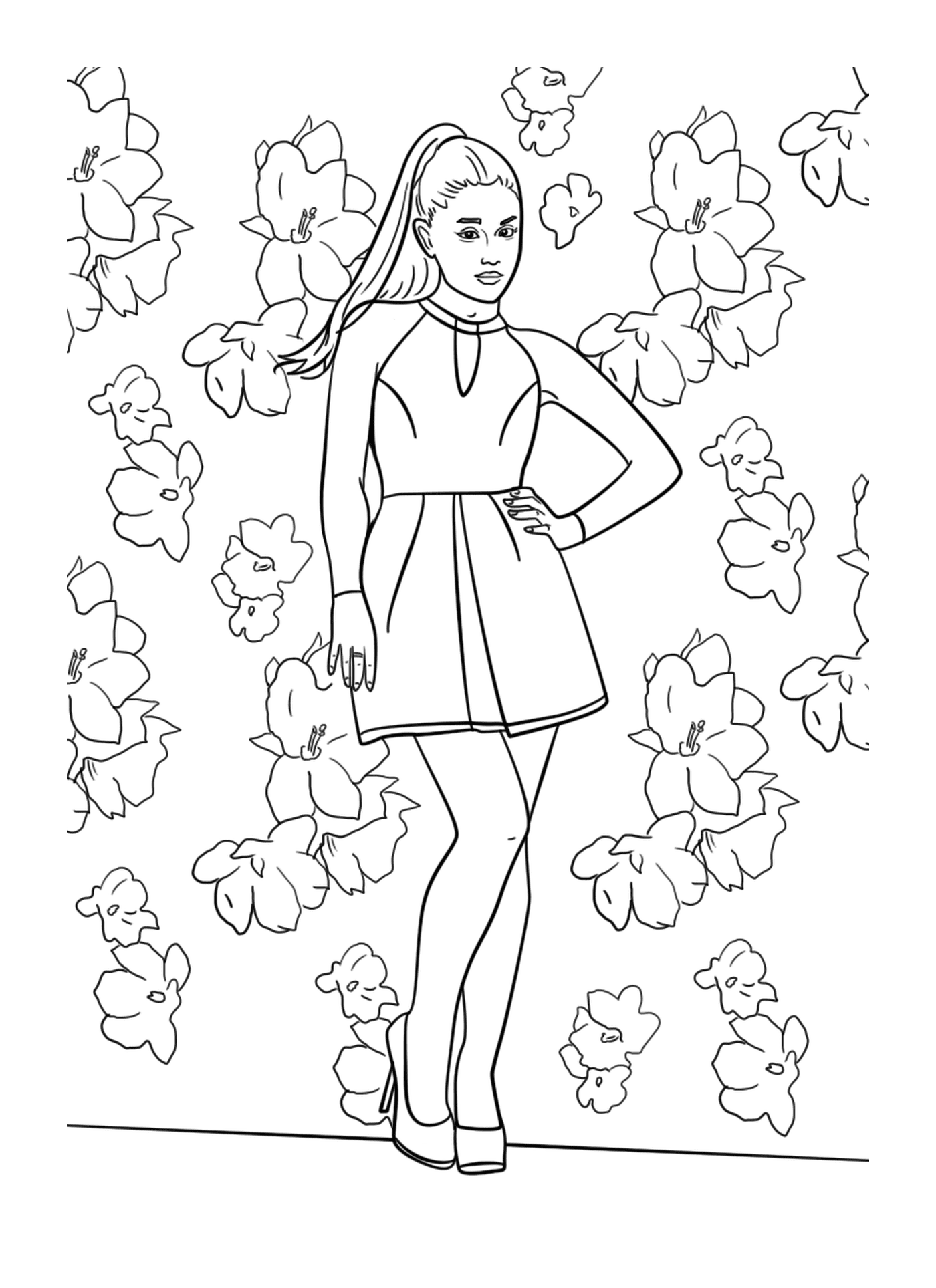  Una donna in piedi di fronte a un mazzo di fiori 