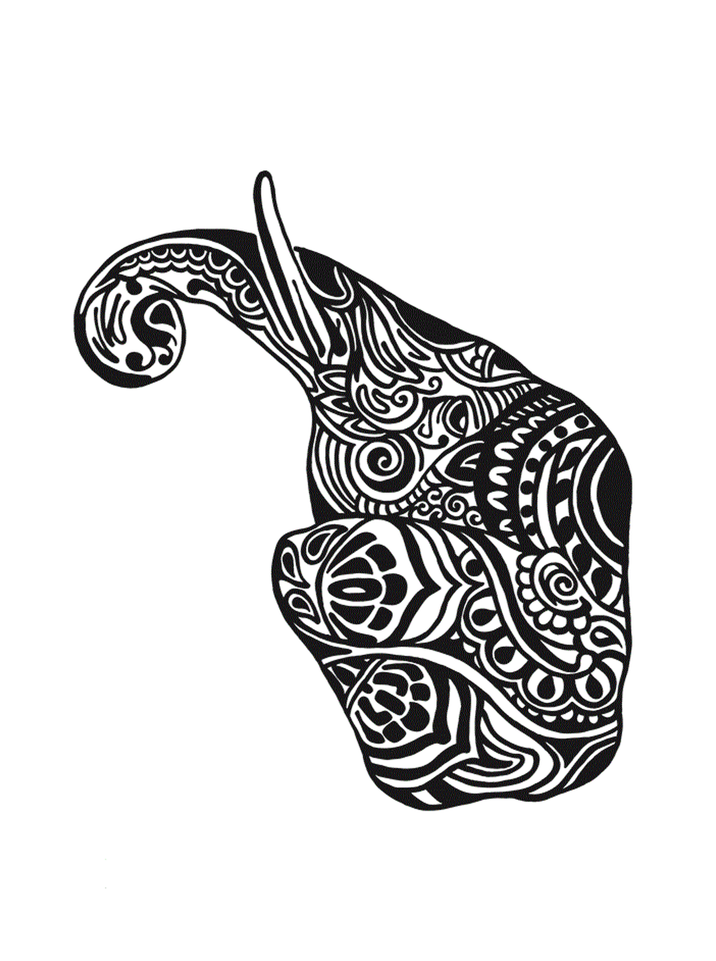  An elephant with complex patterns on his body 