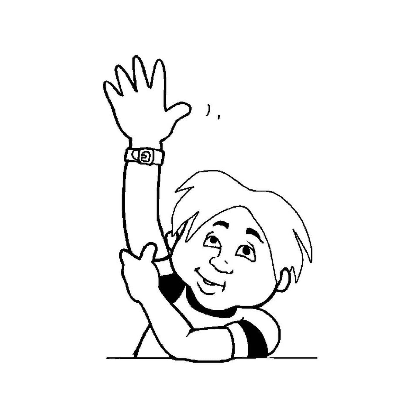  child raising joyful hand 