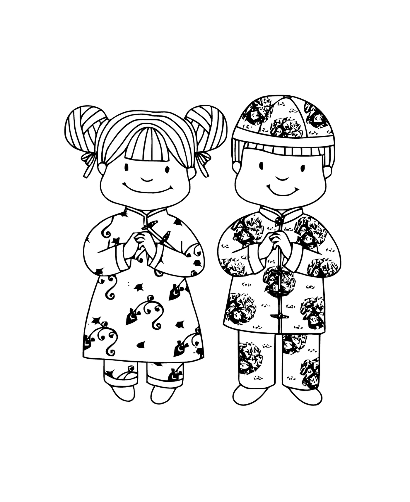  Chica y niño en vestido tradicional para el Año Nuevo Chino 