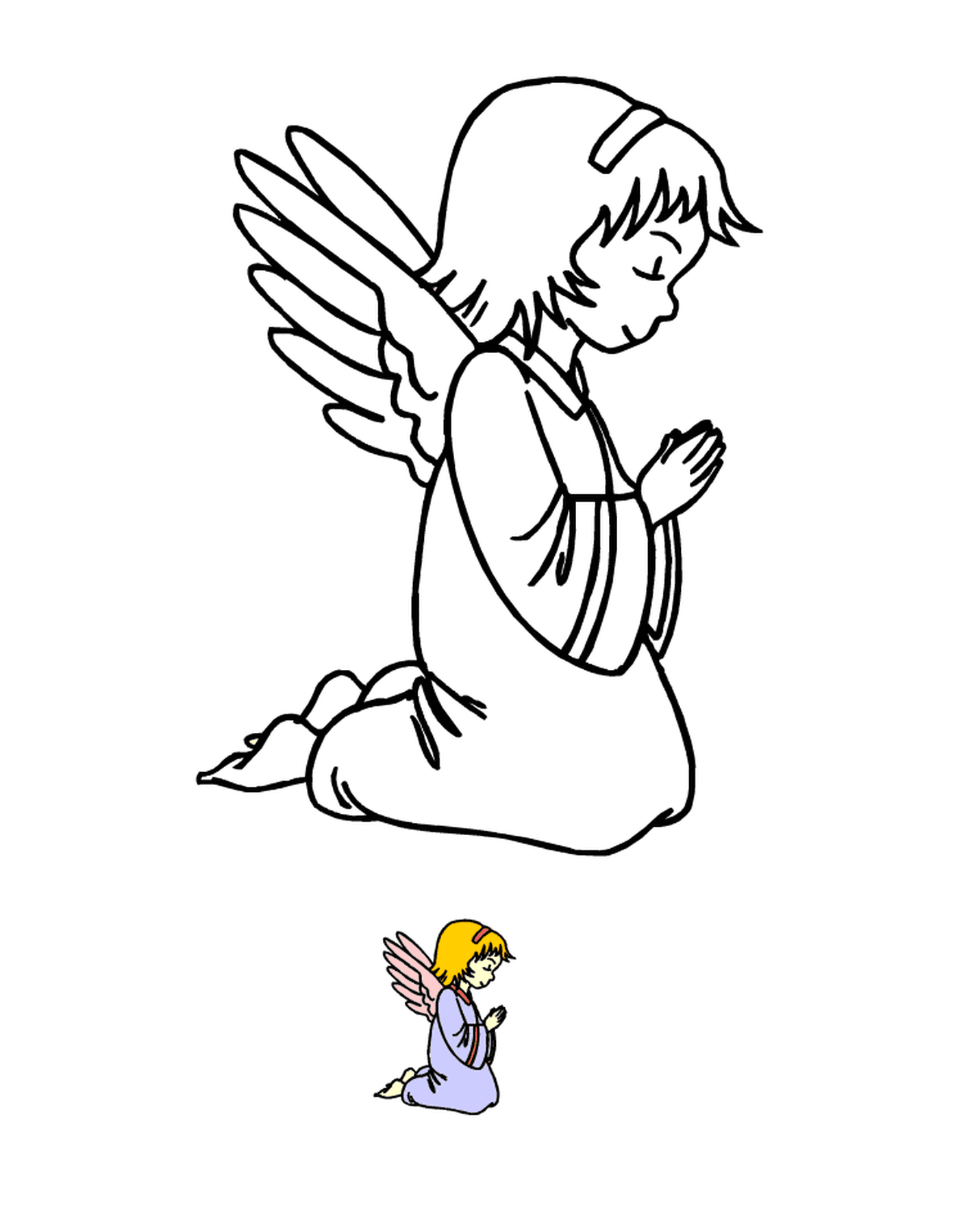  Un angelo inginocchiato in preghiera con un uccello nelle vicinanze 