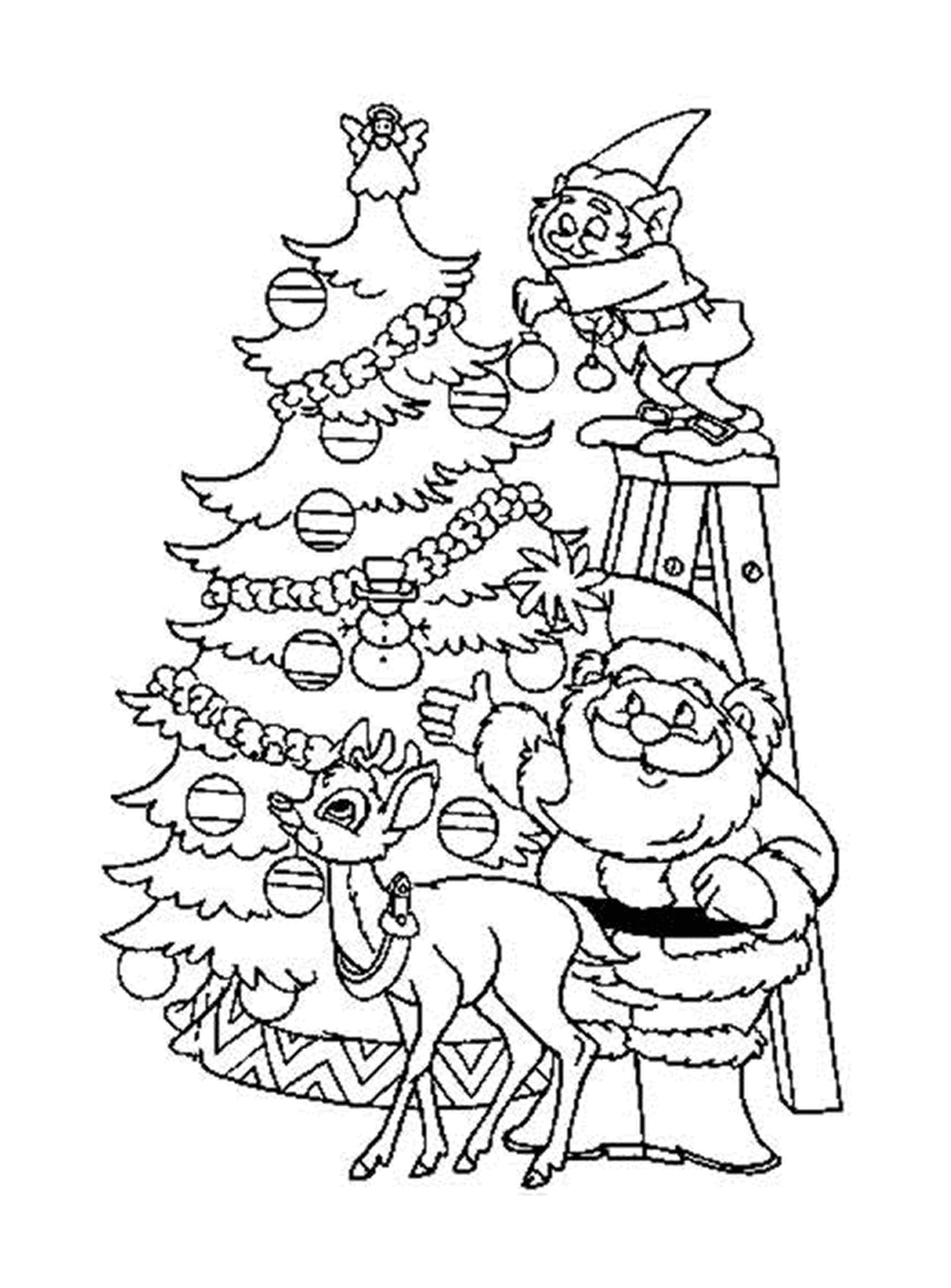  Santa Claus, renos y alces decorando un bonito árbol 