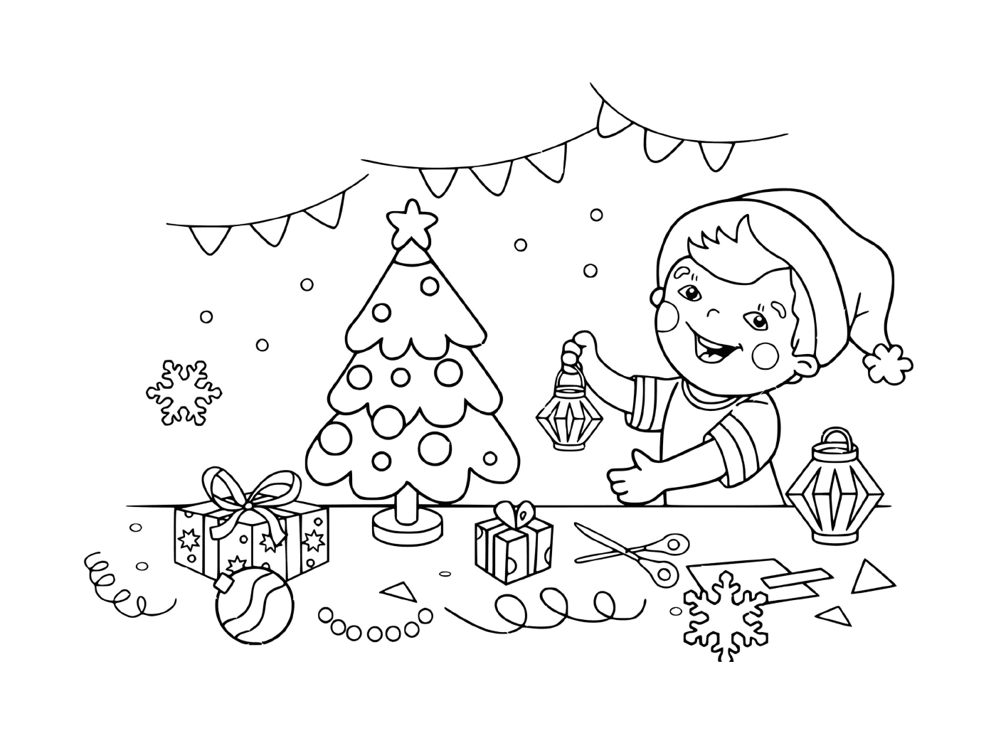  Niño decora un árbol de Navidad con una vela 