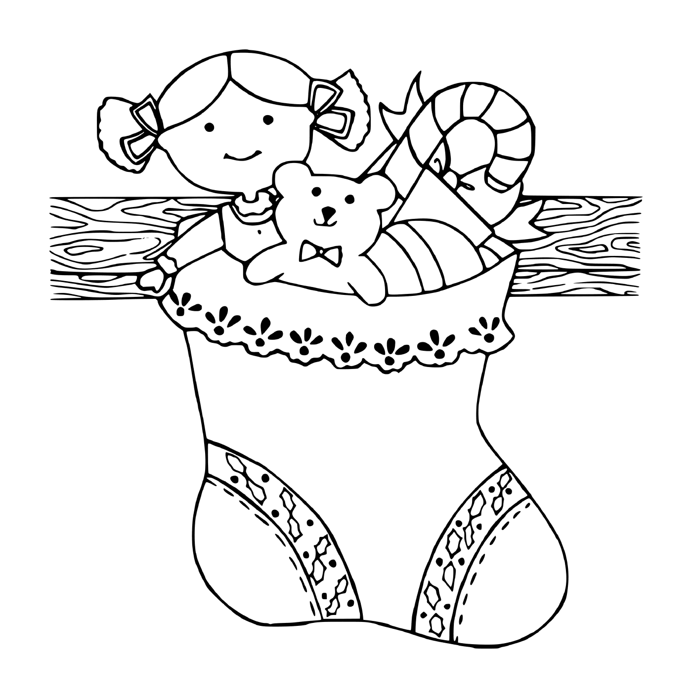  A doll and a teddy bear in a Christmas stockings on the mantle of the fireplace 