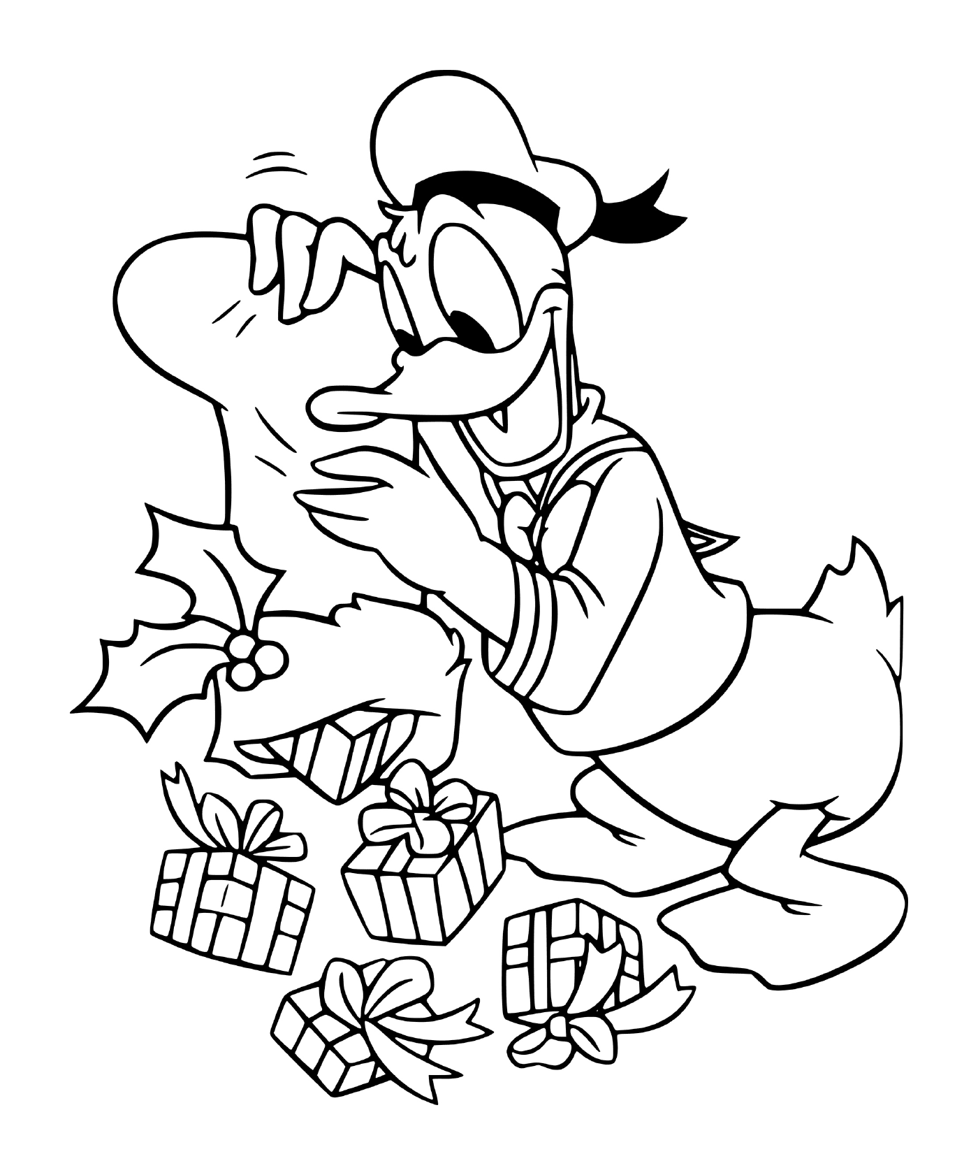  Donald Duck da Disney svuota le sue calze natalizie piene di regali 