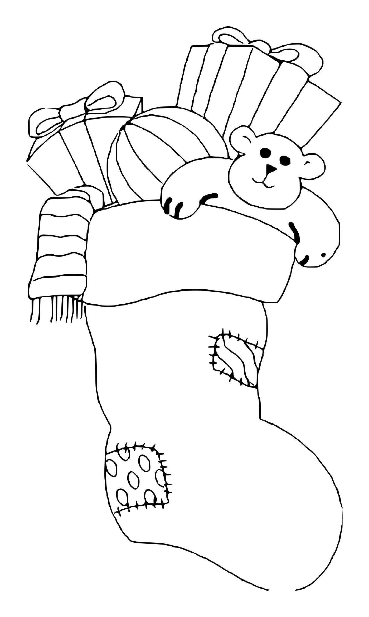  Teddy bear and gifts in a Christmas stockings 