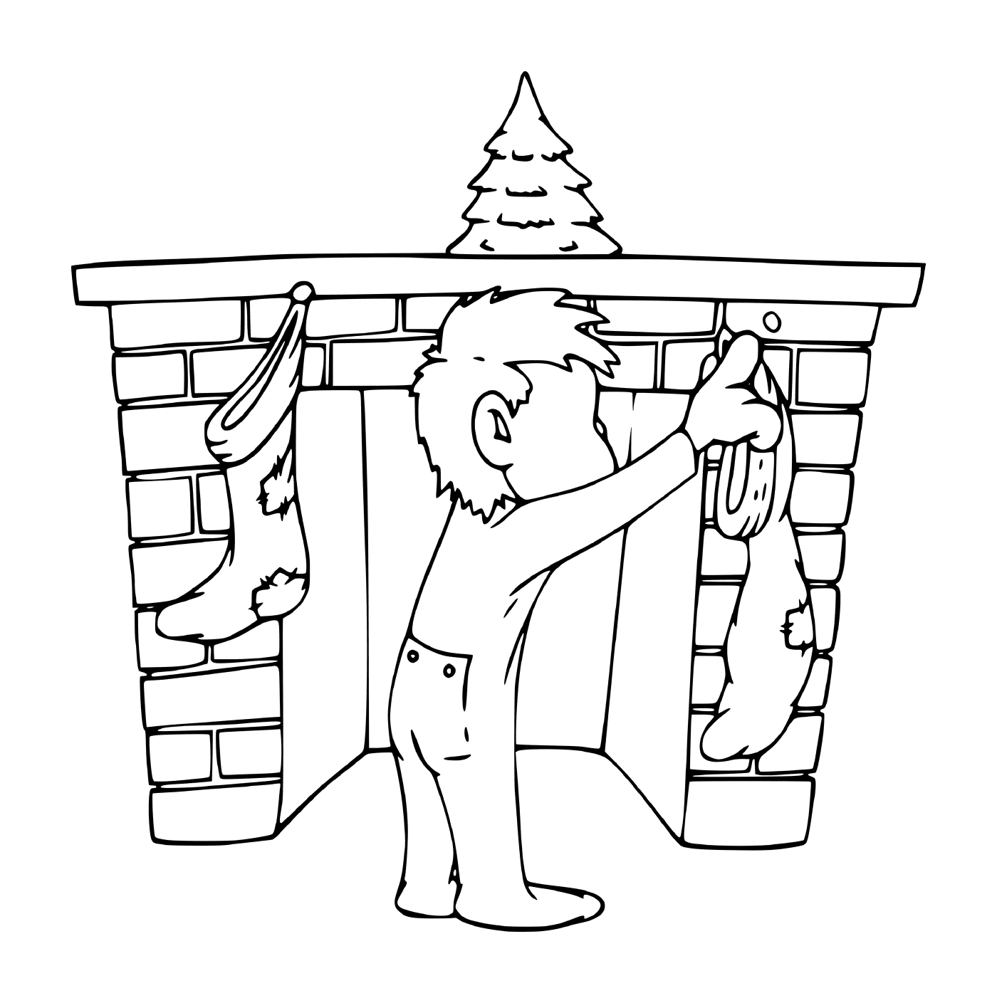  Ein Kind hängt einen Weihnachtsstrümpfe auf dem Hausmantel 