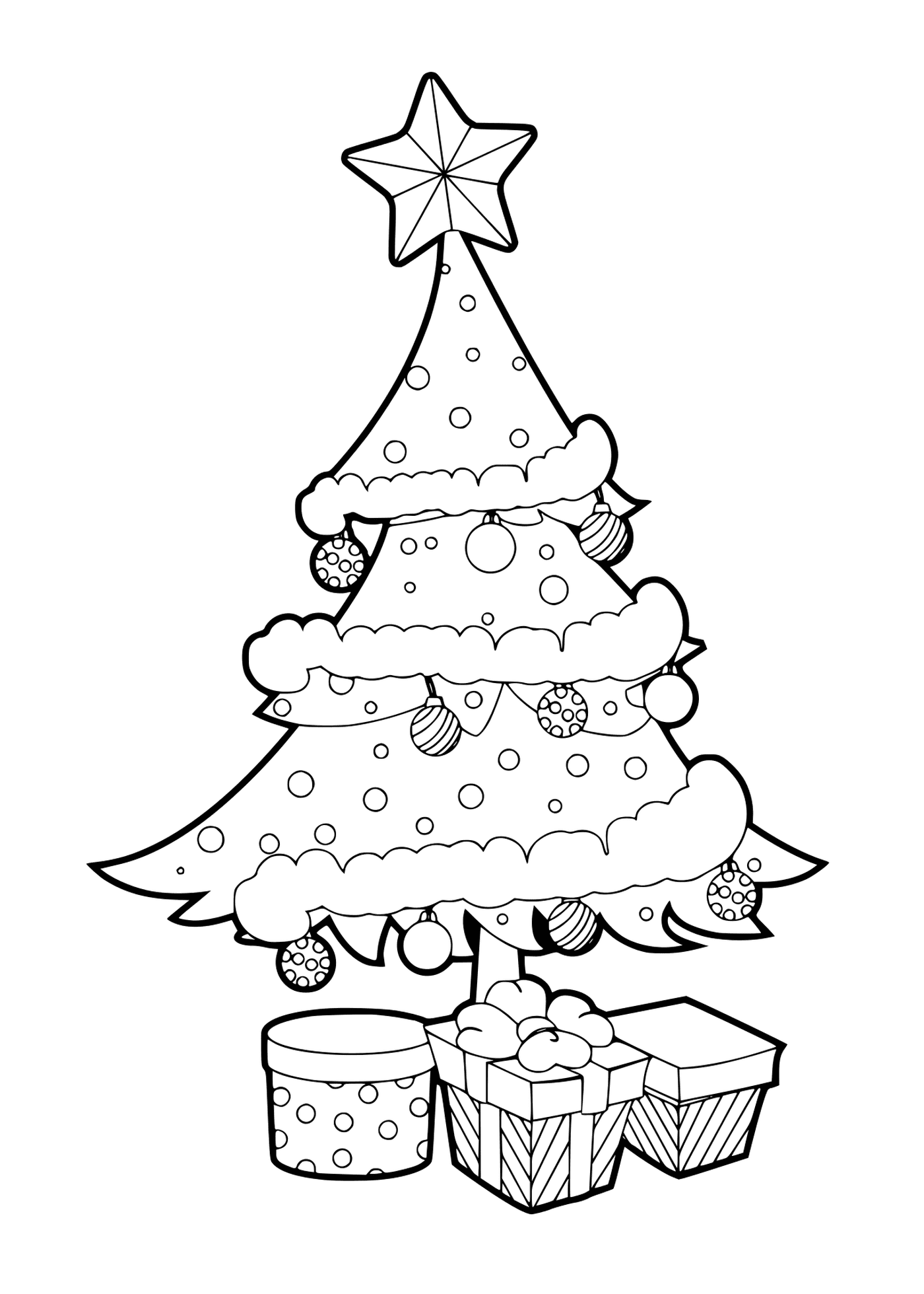  Hübscher Weihnachtsbaum mit Bällen und Geschenken geschmückt 