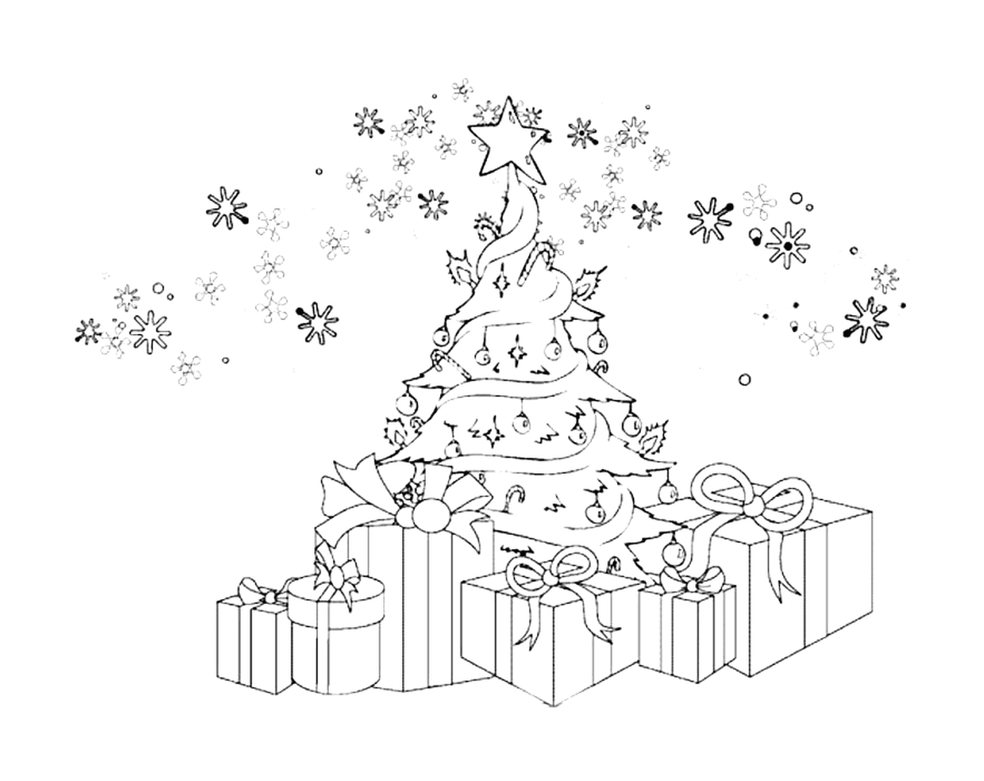  Christmas tree with gifts and snowflakes 