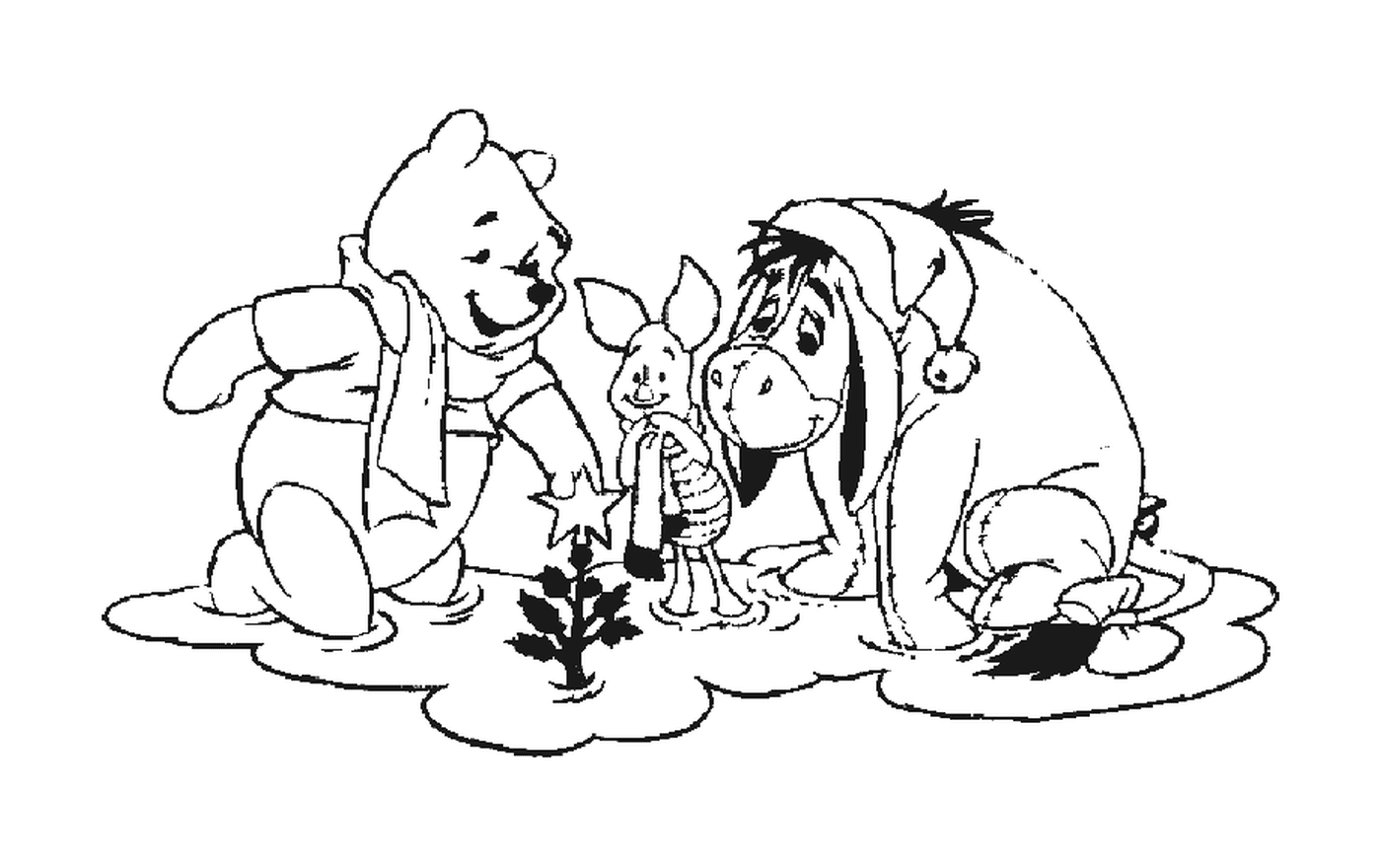 Bourriquet, Porcinet y Winnie en frente del árbol