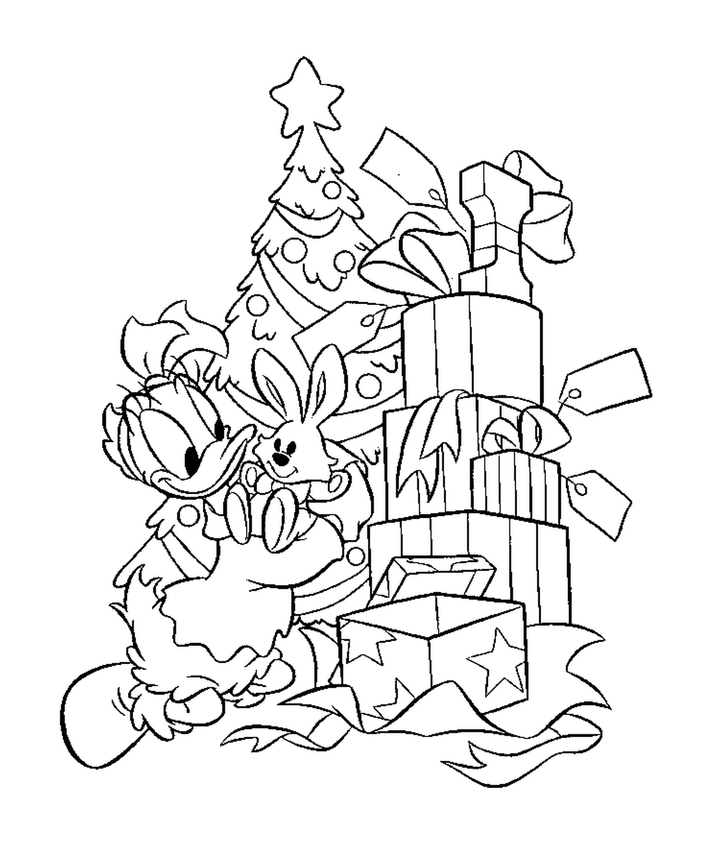  Daisy delante del árbol de Navidad y los regalos 