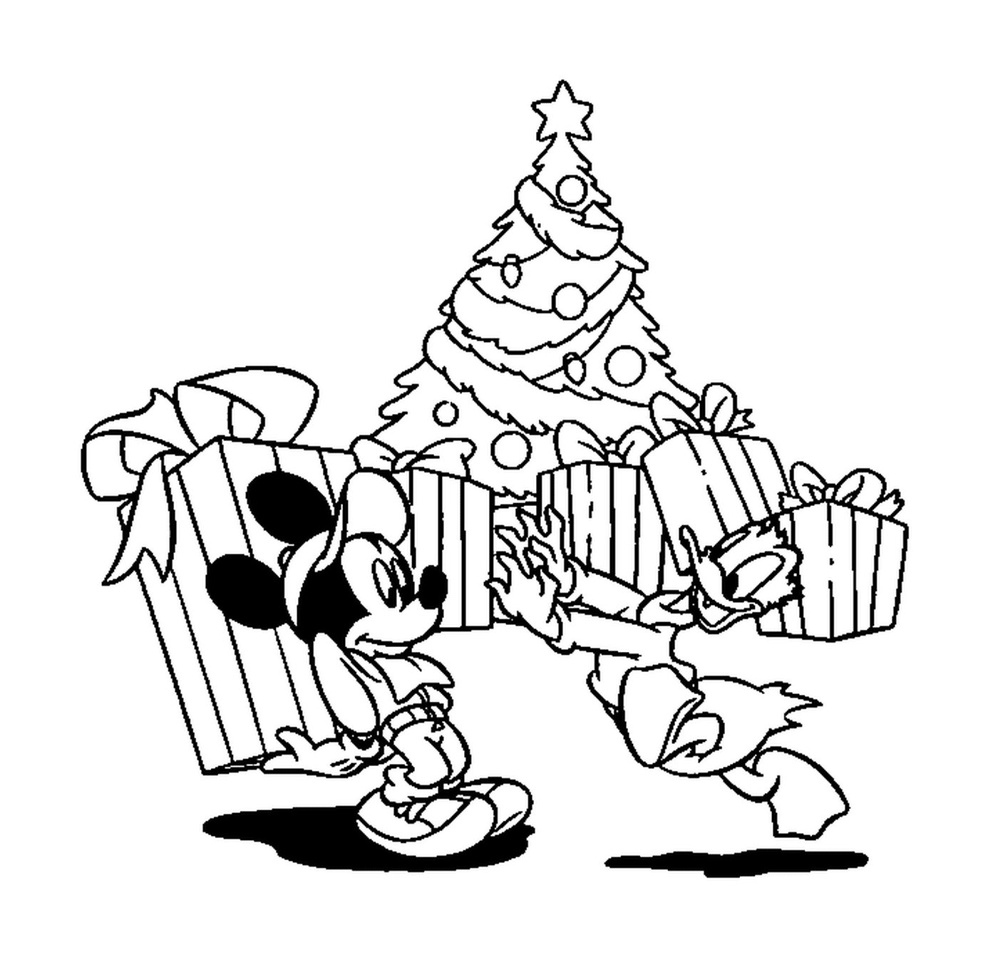  Donald y Mickey con regalos de árbol de Navidad 