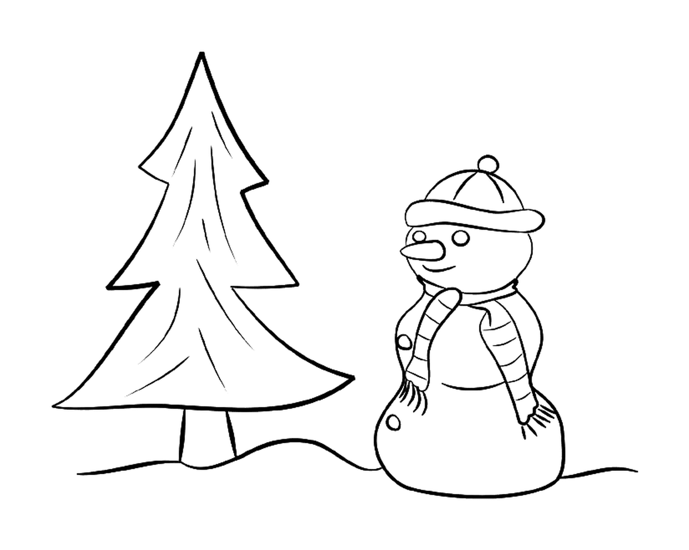  A snowman next to a Christmas tree 