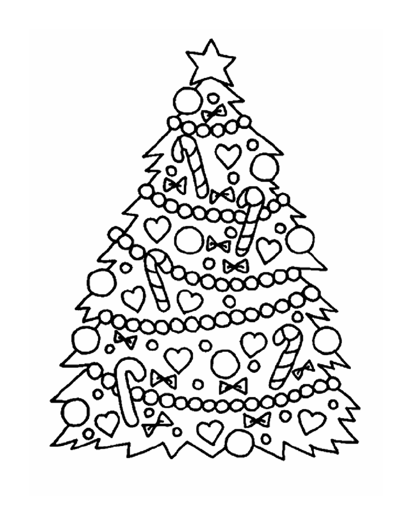 Ein Weihnachtsbaum mit Süßigkeiten und Herzen geschmückt 
