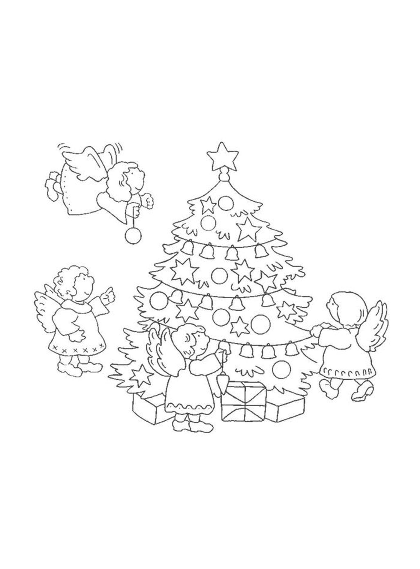  A Christmas tree with angels around 
