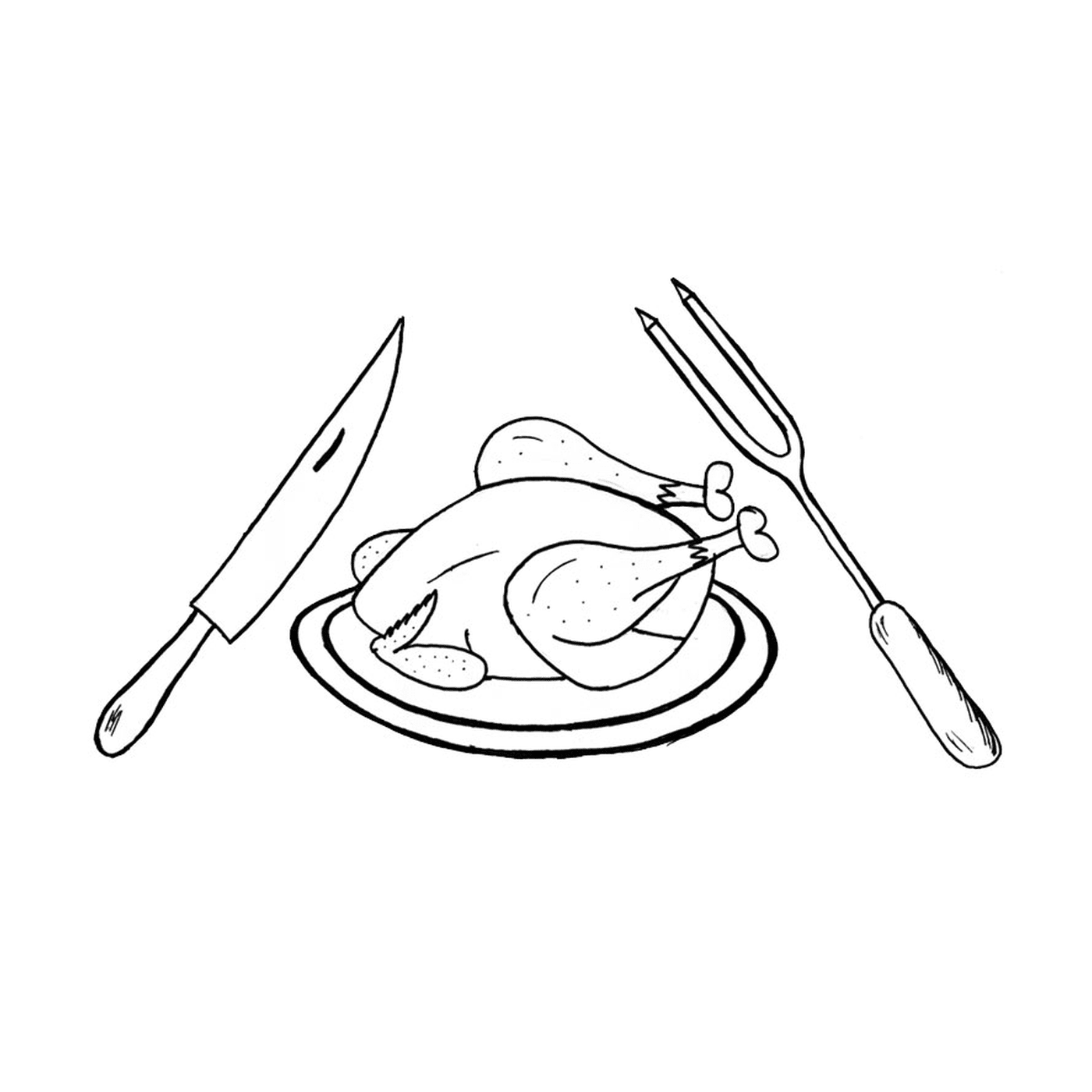  Un pollo su un piatto con un coltello, una forchetta e una forchetta 