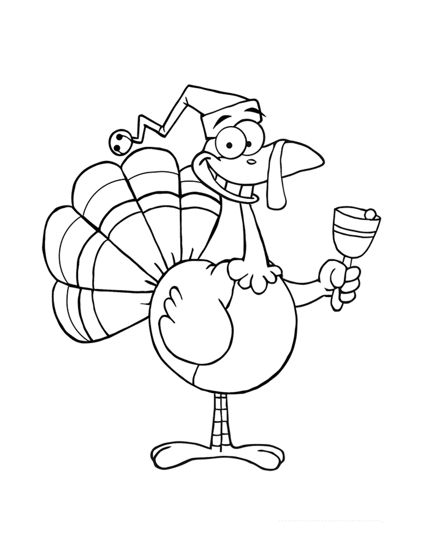  Un pavo de dibujos animados con un sombrero bufón y sosteniendo una copa de vino 