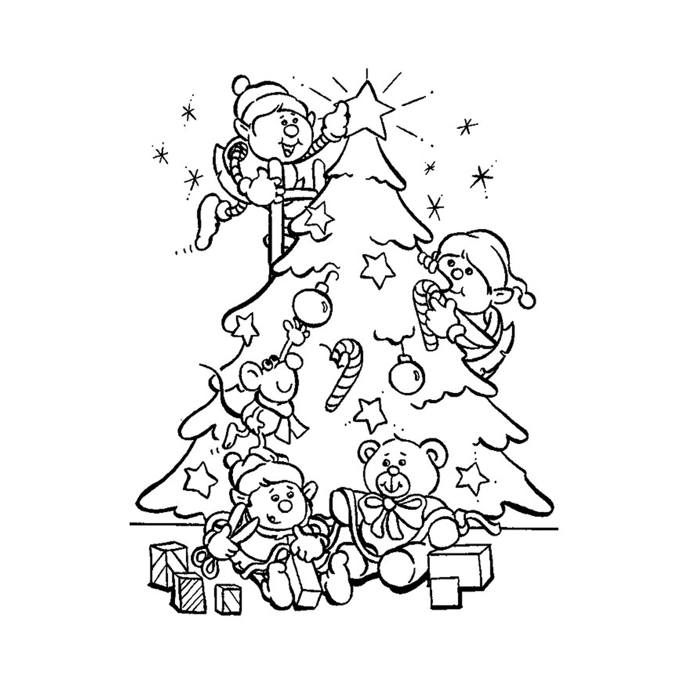  Lutins decorando un árbol de Navidad 