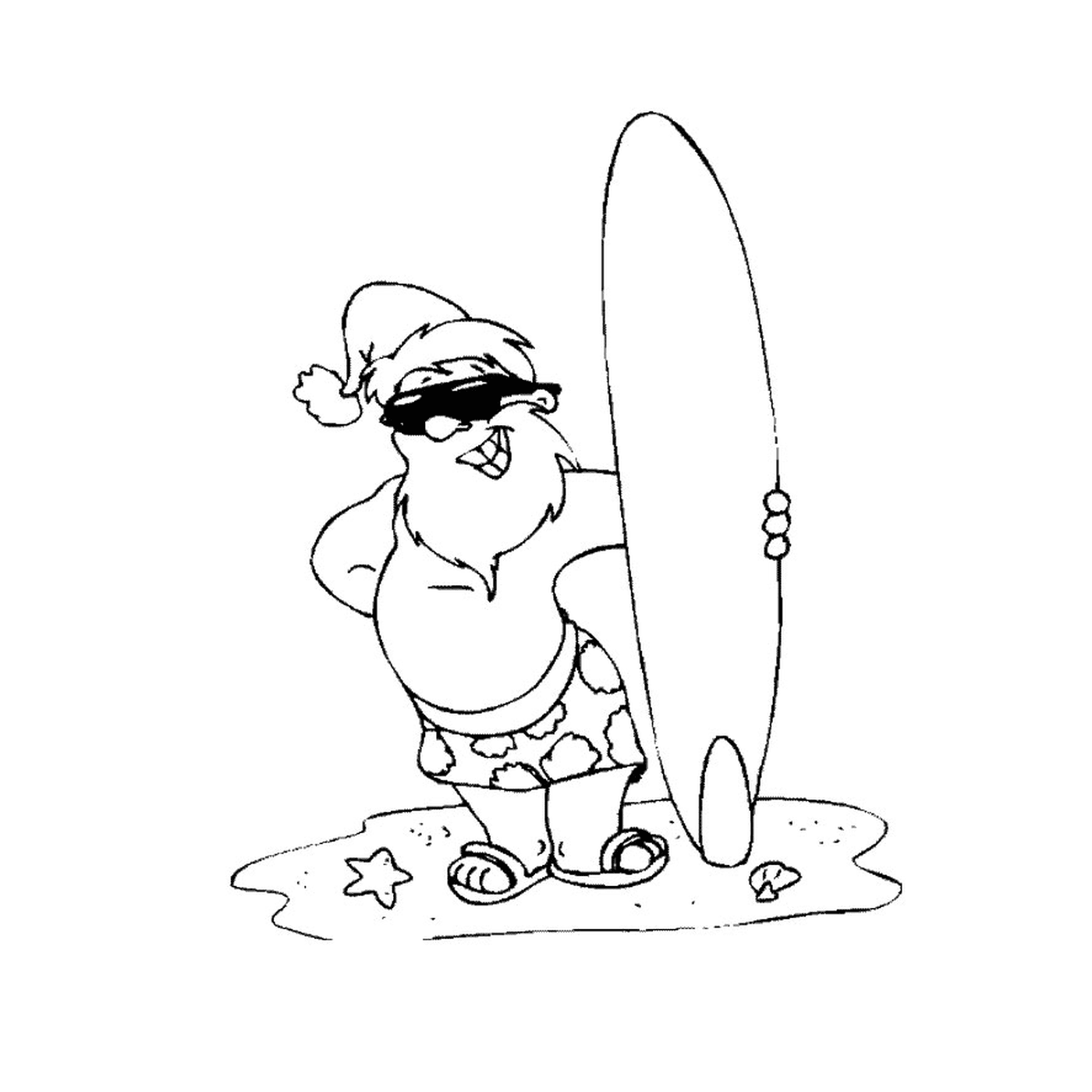  Санта держит доску для серфинга 