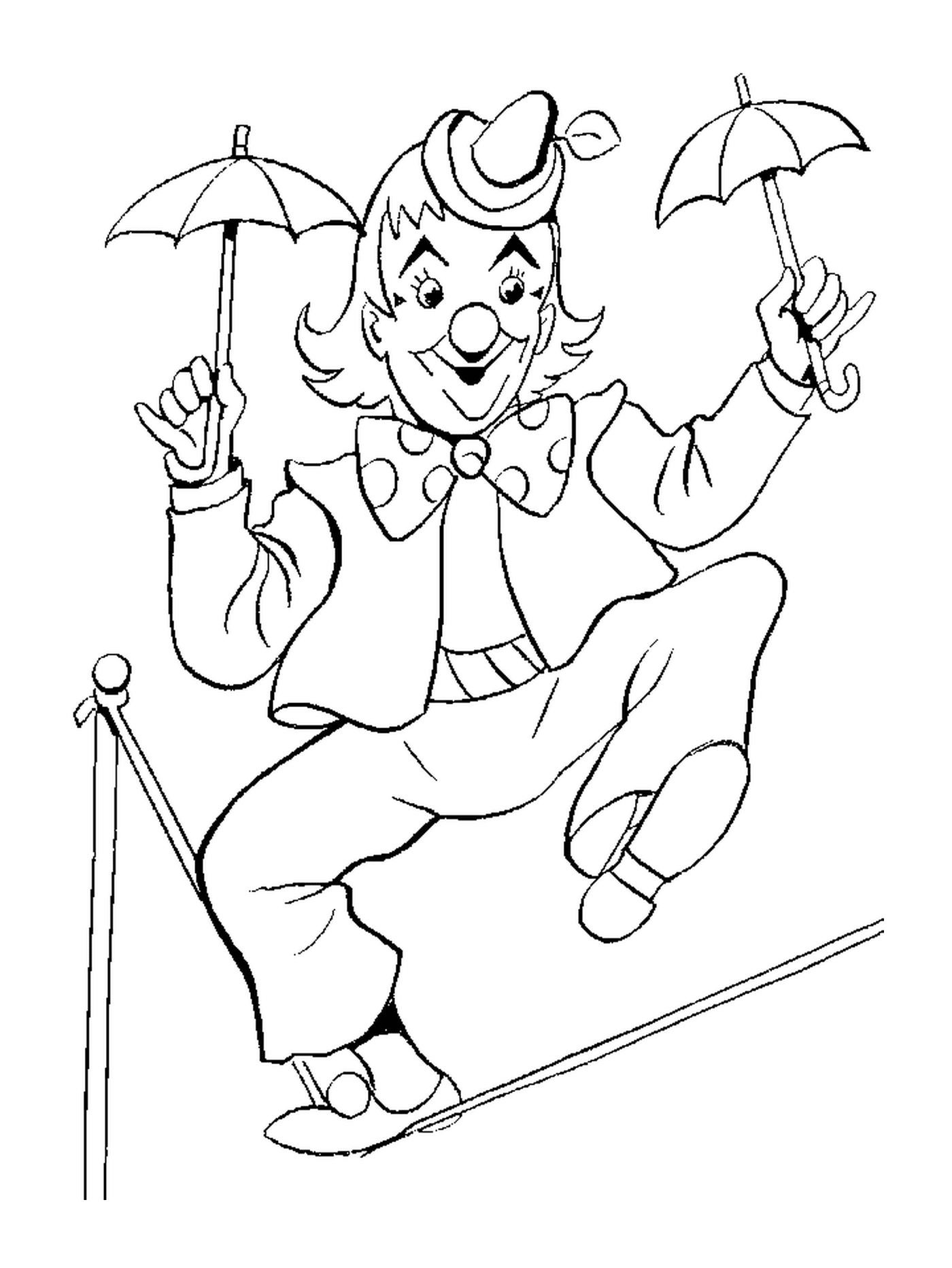  Ein Clown im Gleichgewicht auf einem Draht für den Zirkus 