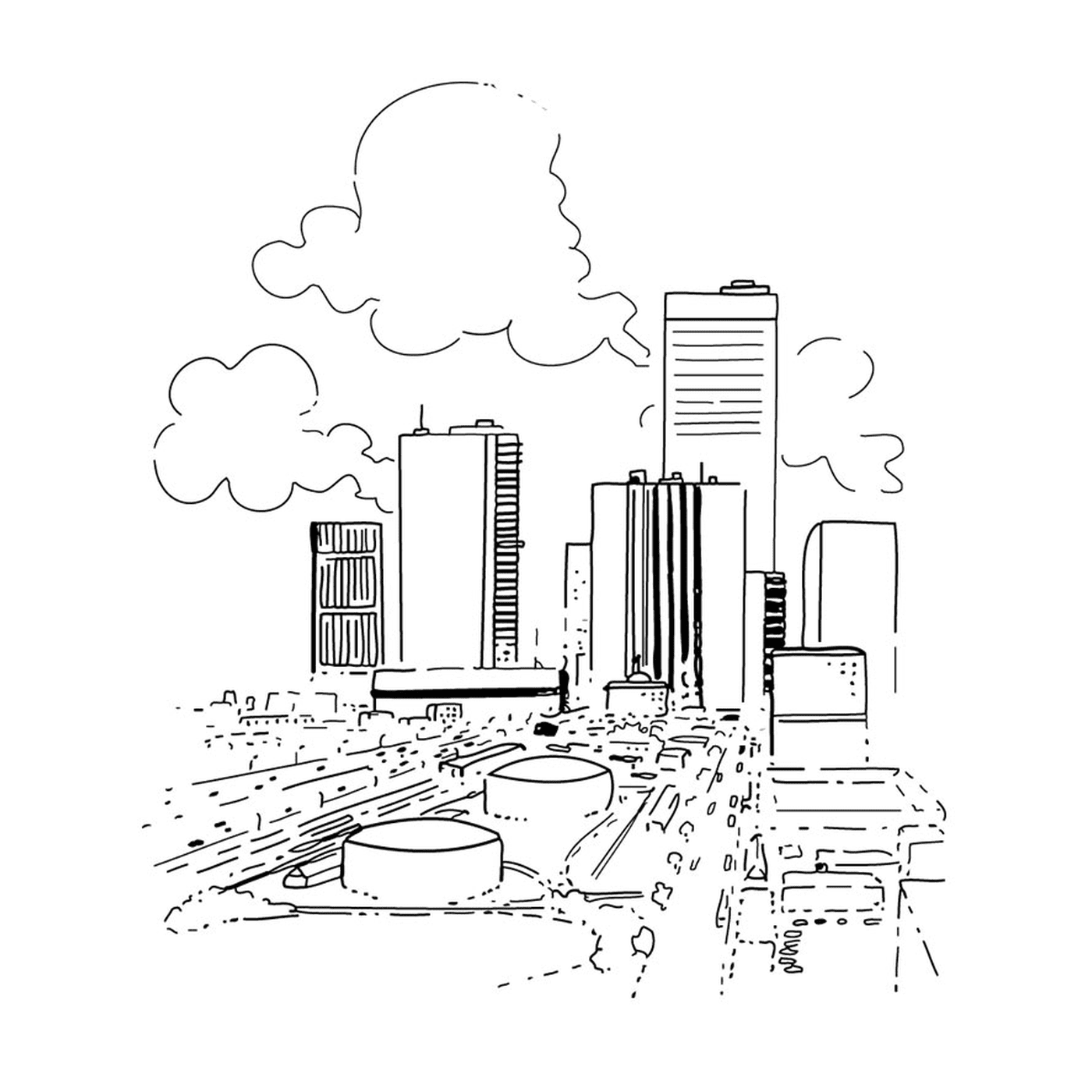  Ciudad con coche y nubes 