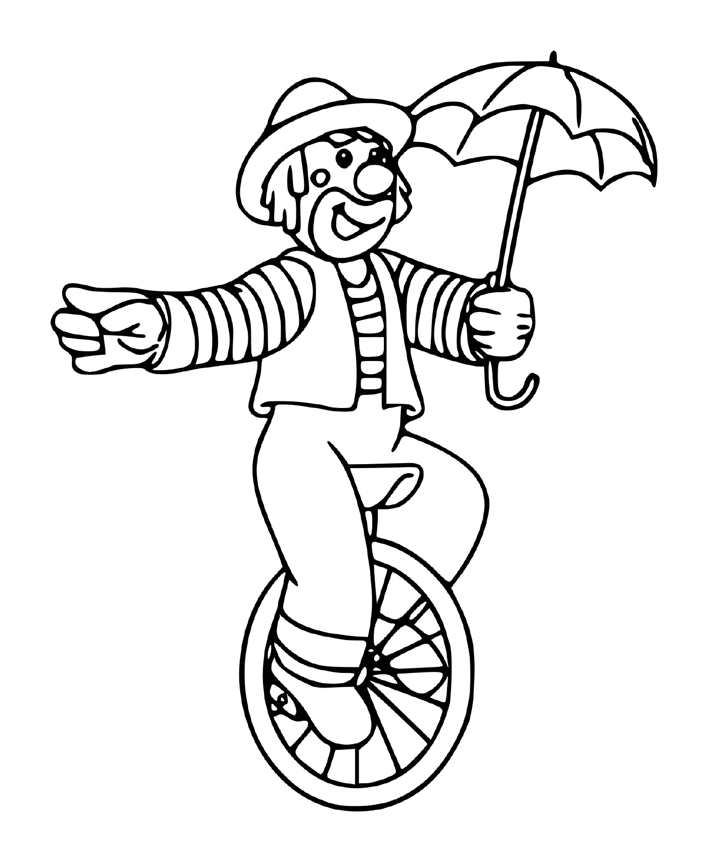  Zirkus Clown auf einem Rad mit einem Regenschirm ausbalanciert 