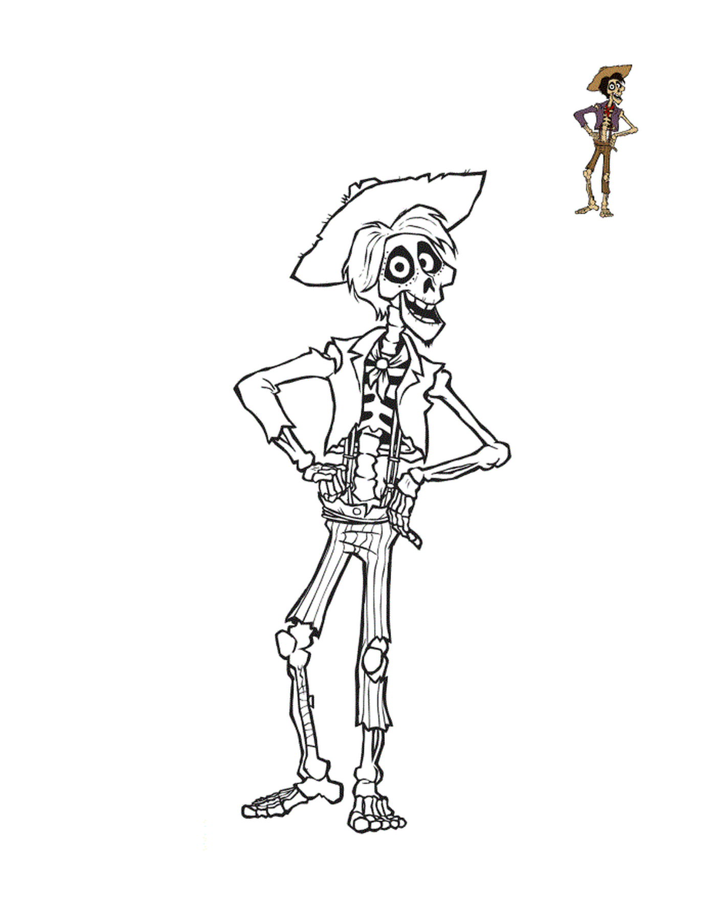  Héctor, un esqueleto delgado con pelo negro y una barbacoa, y ojos magenta 
