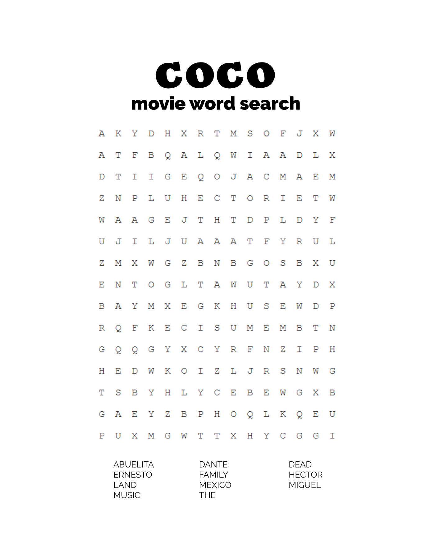  Suche nach Wörtern basierend auf dem Film Coco 