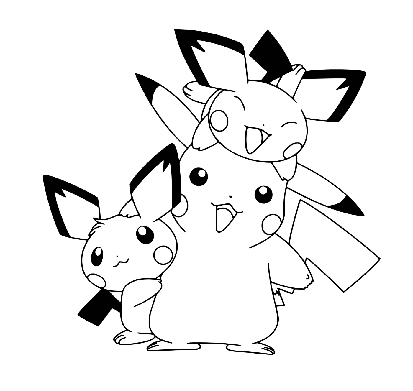  Pikachu cute with his cousins Pikachus to color 