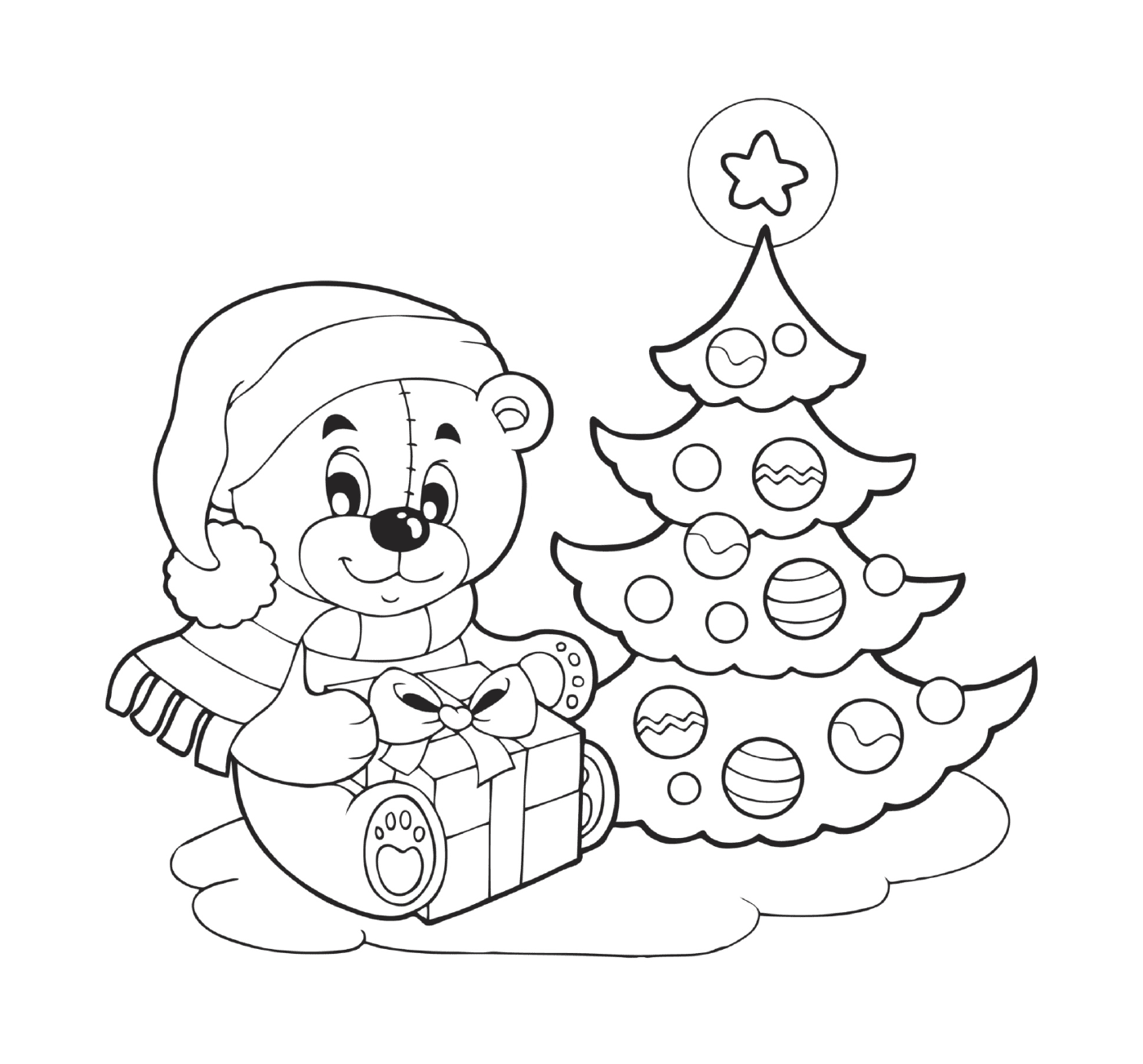  Рождество: Рождественская ёлка и медвежонок с подарком 