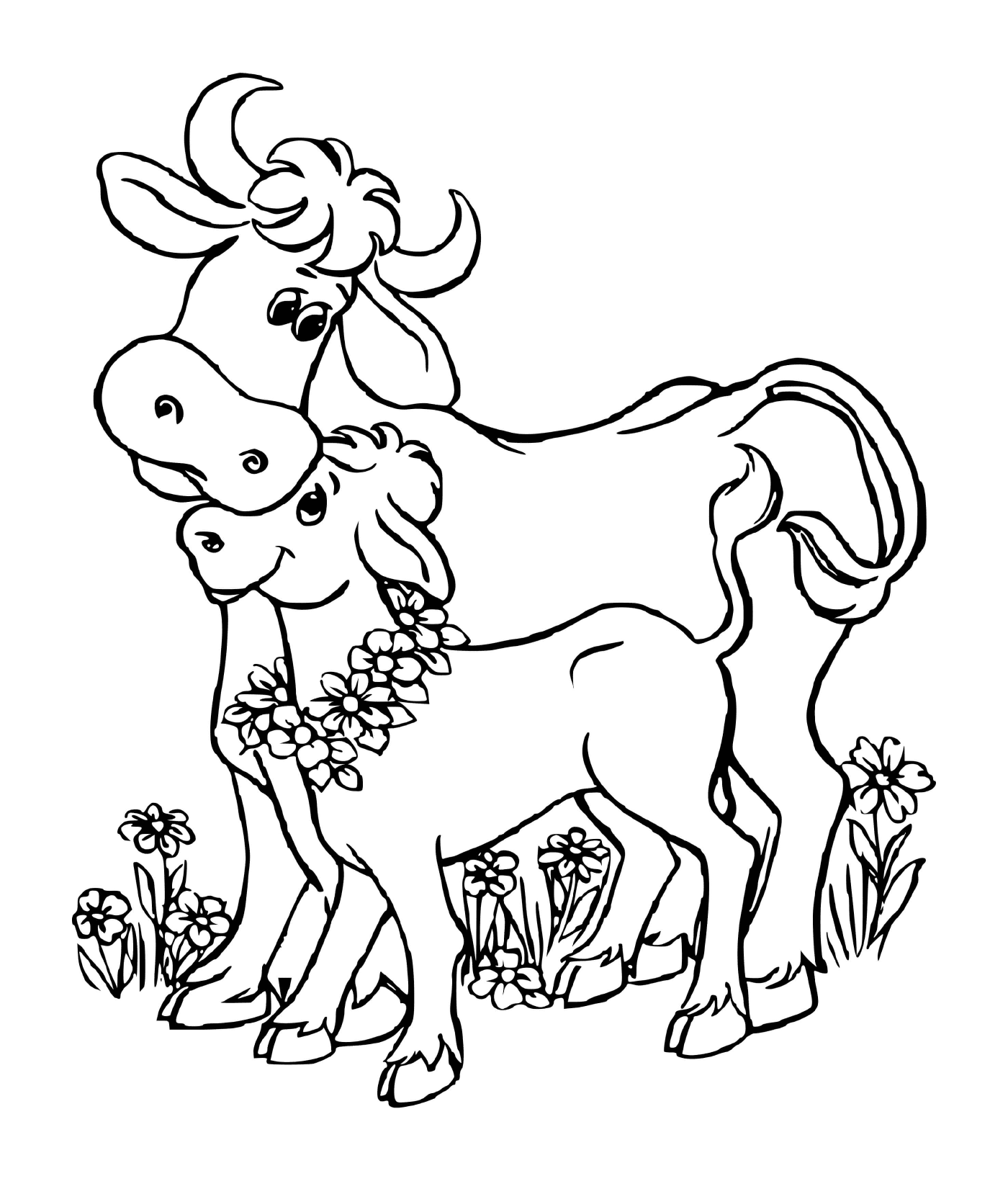  Мать-корова со своим маленьким теленком 