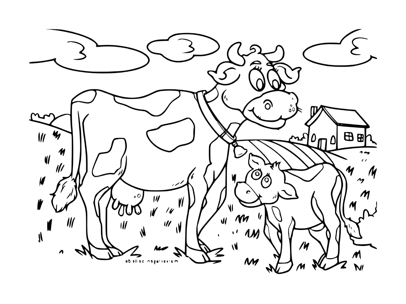  Корова и телятина в поле 