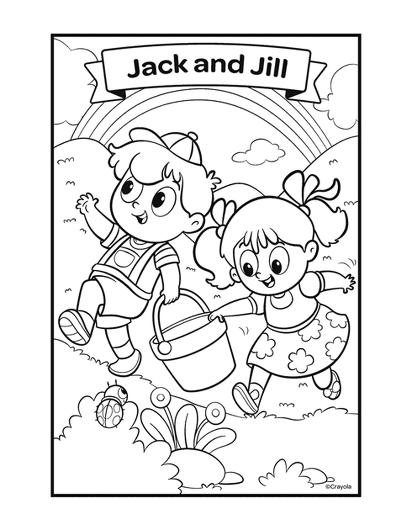  Jack und Jill mit zwei Kindern spielen mit einem Eimer 