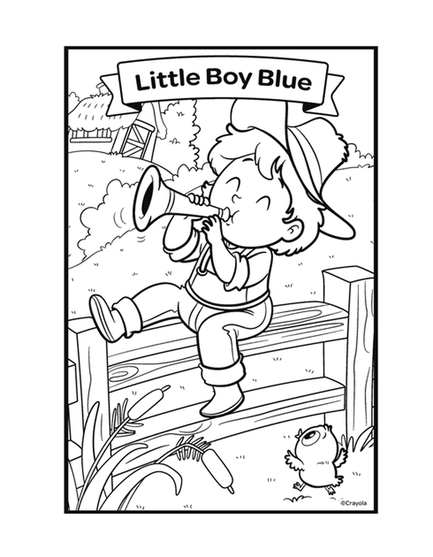  Der Reim Der kleine blaue Junge mit einem Jungen, der Trompete auf einer Bank spielt 