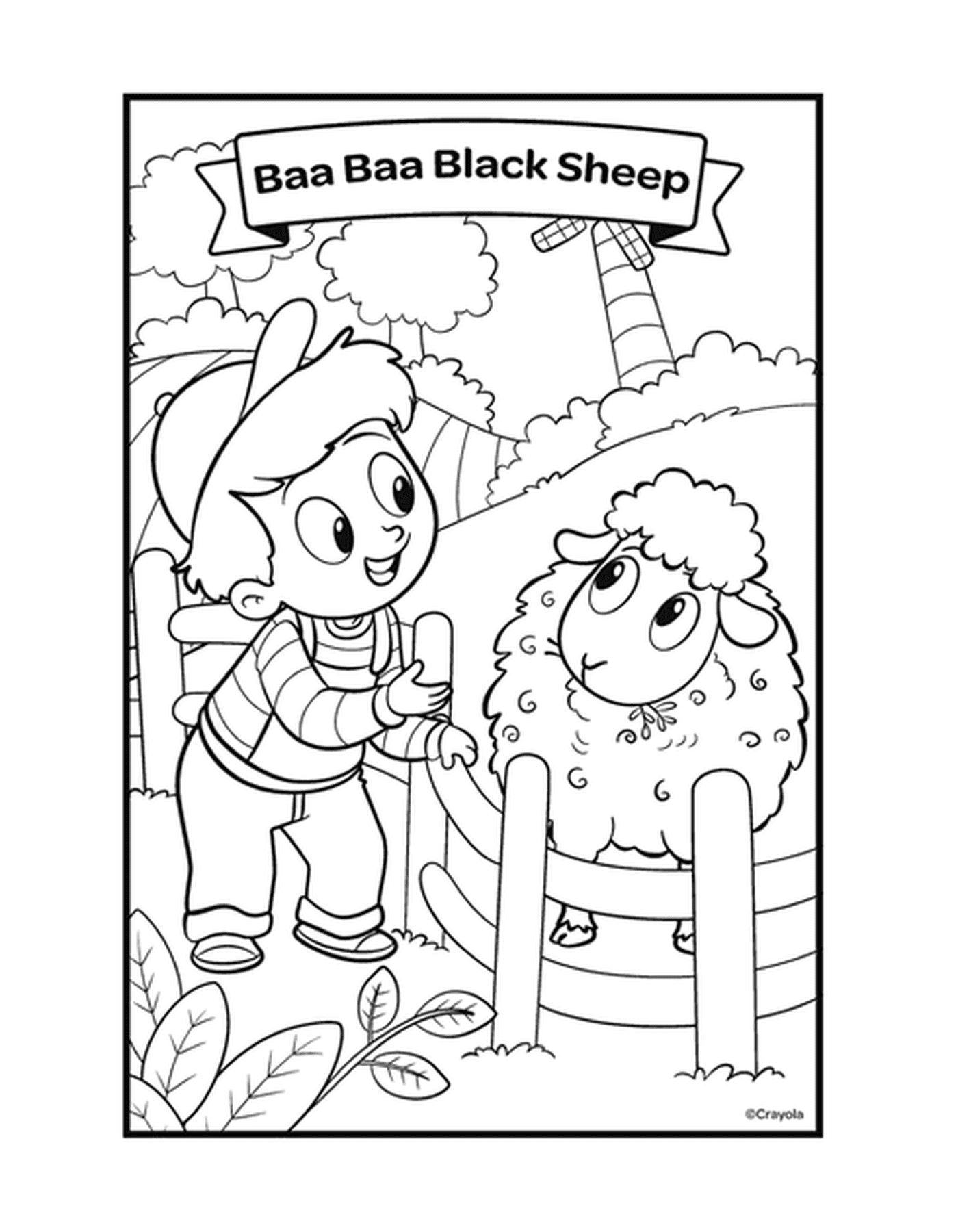  Die Figur Baa Baa Black Sheep mit einem Jungen, der ein Schaf in einem Stift streichelt 