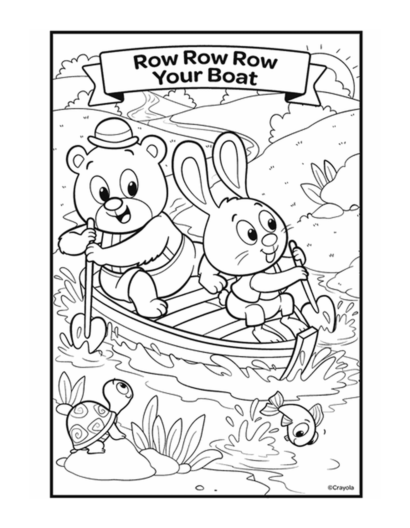  The figure Row, Row, Row Your Boat with two animals in a boat on the water 