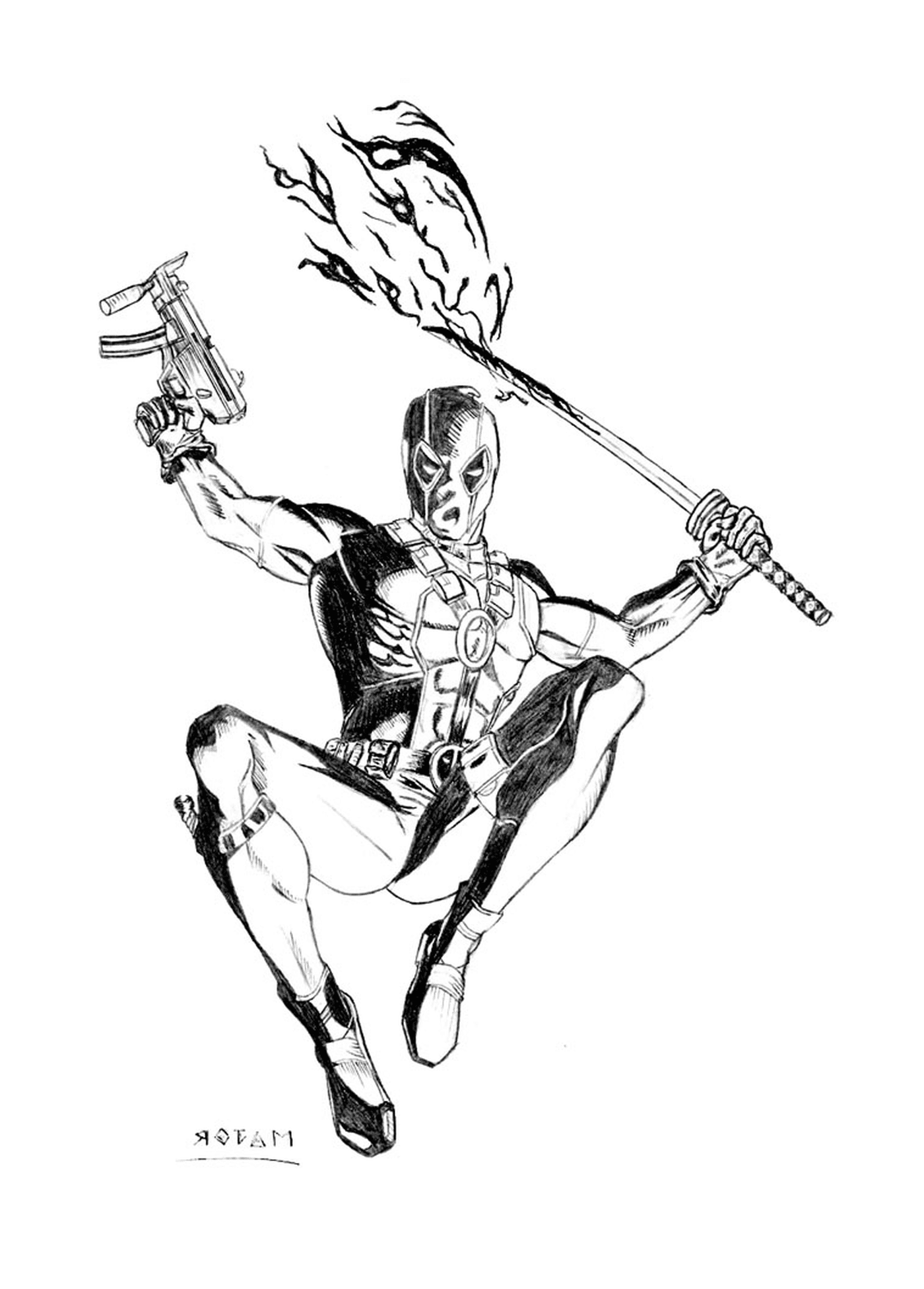  Deadpool sosteniendo un rifle y una espada 