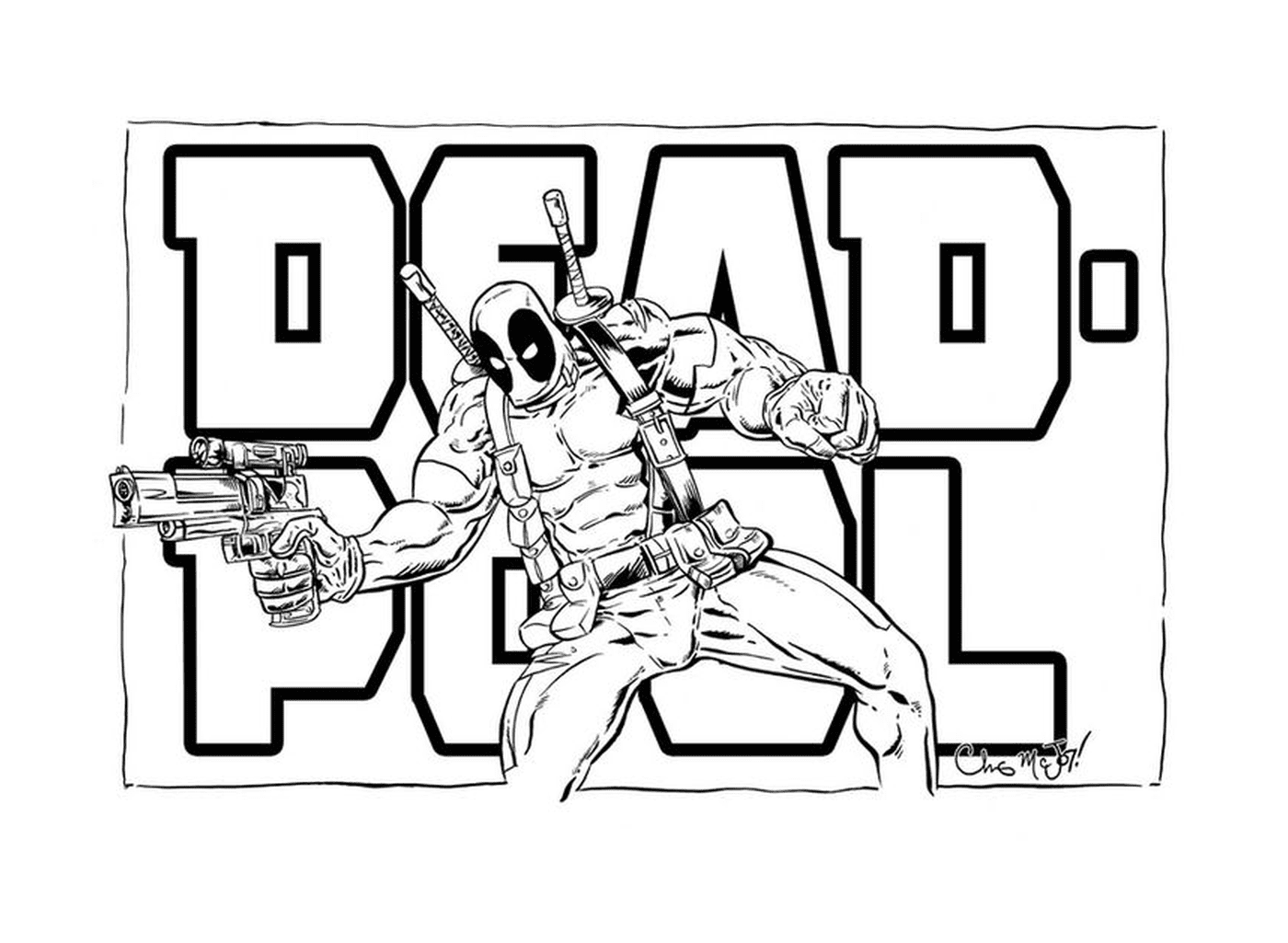  Deadpool with a rifle in front of the word deadpool 
