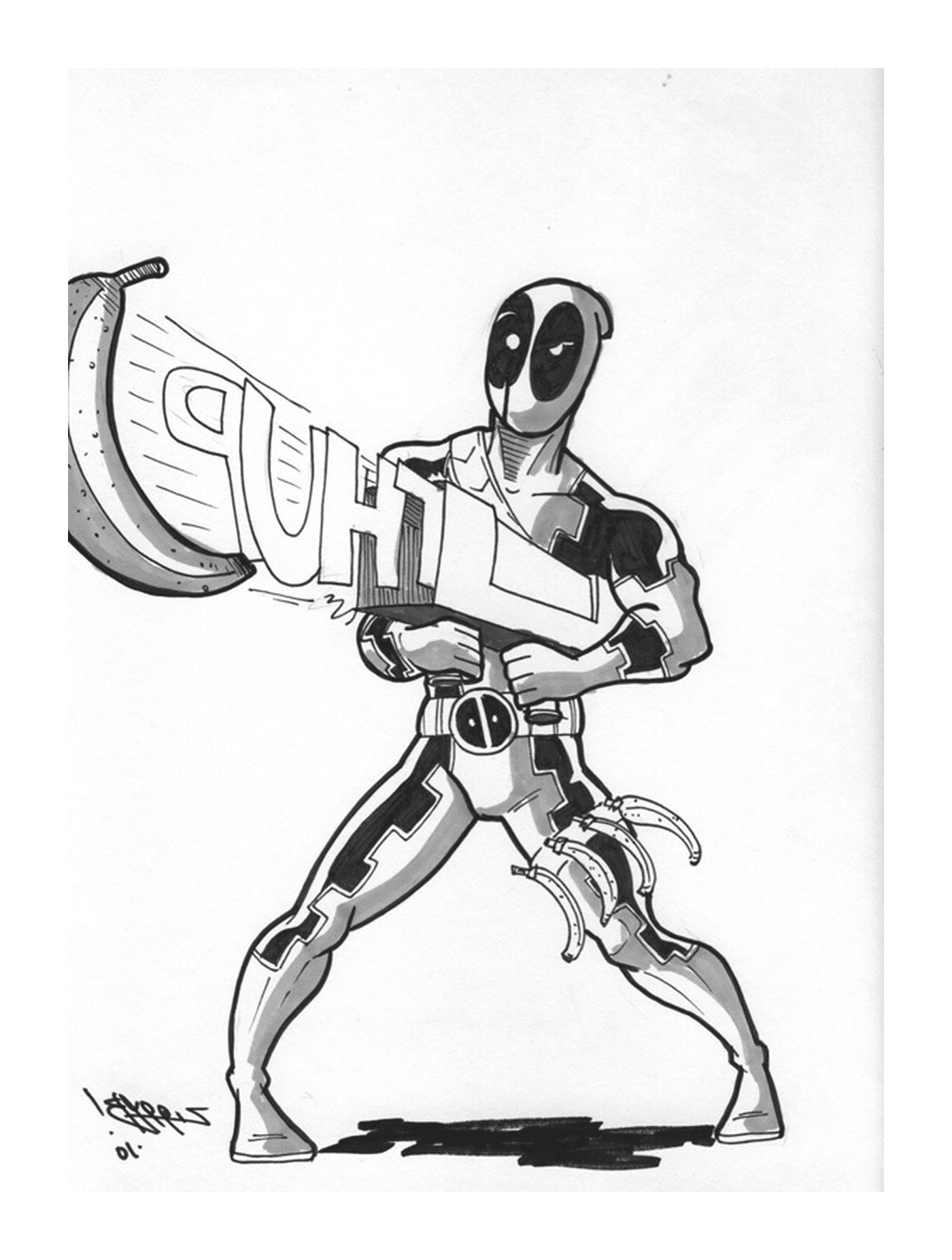  Deadpool with a rifle making a sign of thumb 