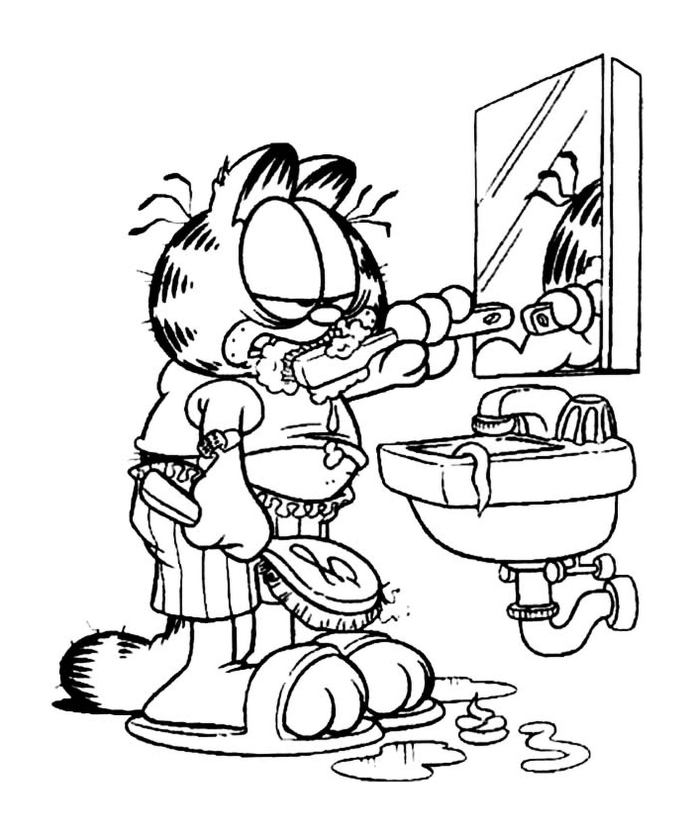  Garfield brushes his teeth 