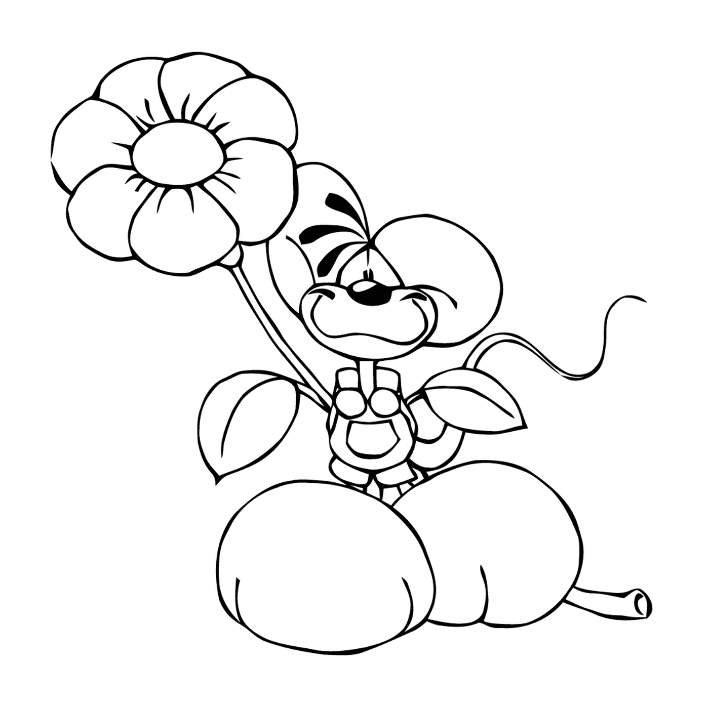  Un perro de dibujos animados sosteniendo una flor 