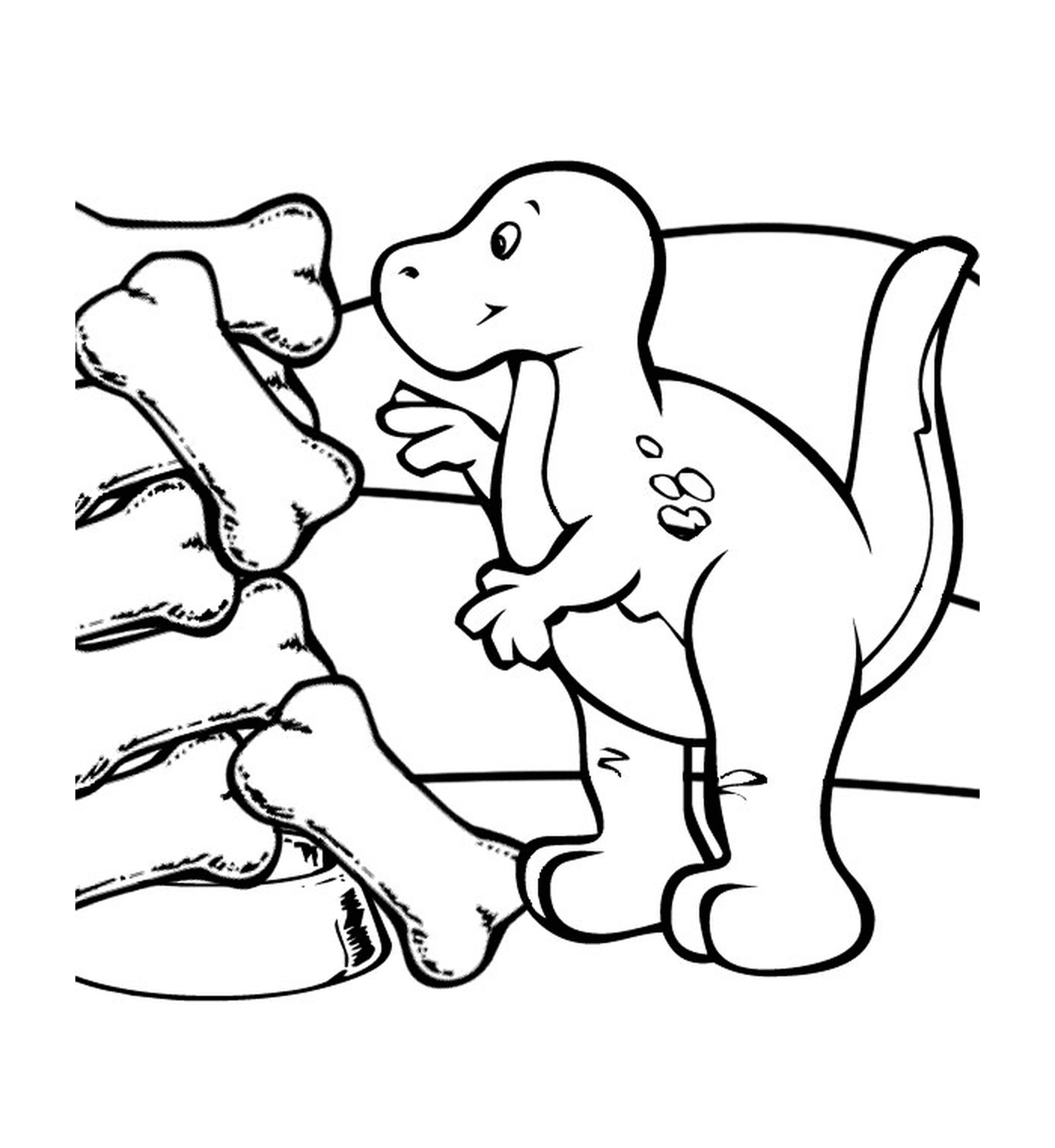  Dinosaurier neben versteinerten Knochen 