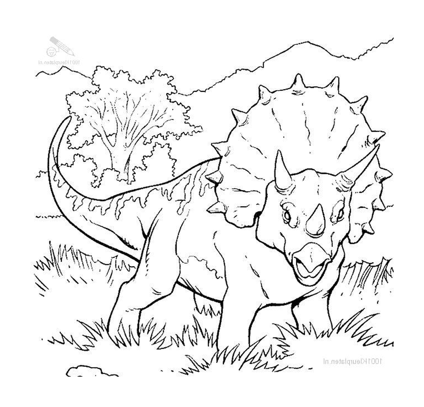  Un triceratopo adulto in piedi nell'erba 