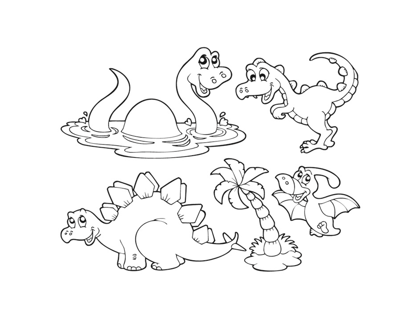  Группа динозавров, сидящих в воде 