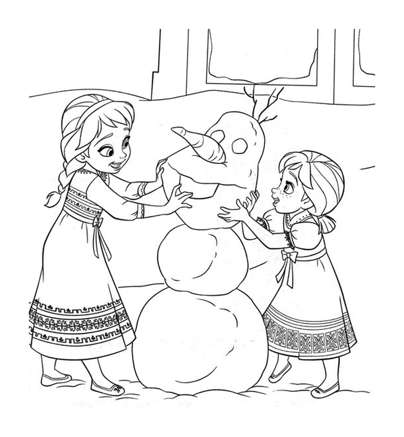  Dos niñas construyen un muñeco de nieve juntos 
